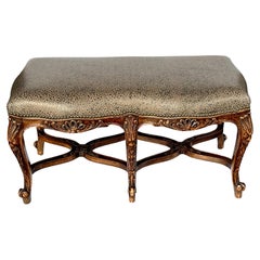 French Rococo Style Carved Two-seat Bench with Embossed Leather Upholstery