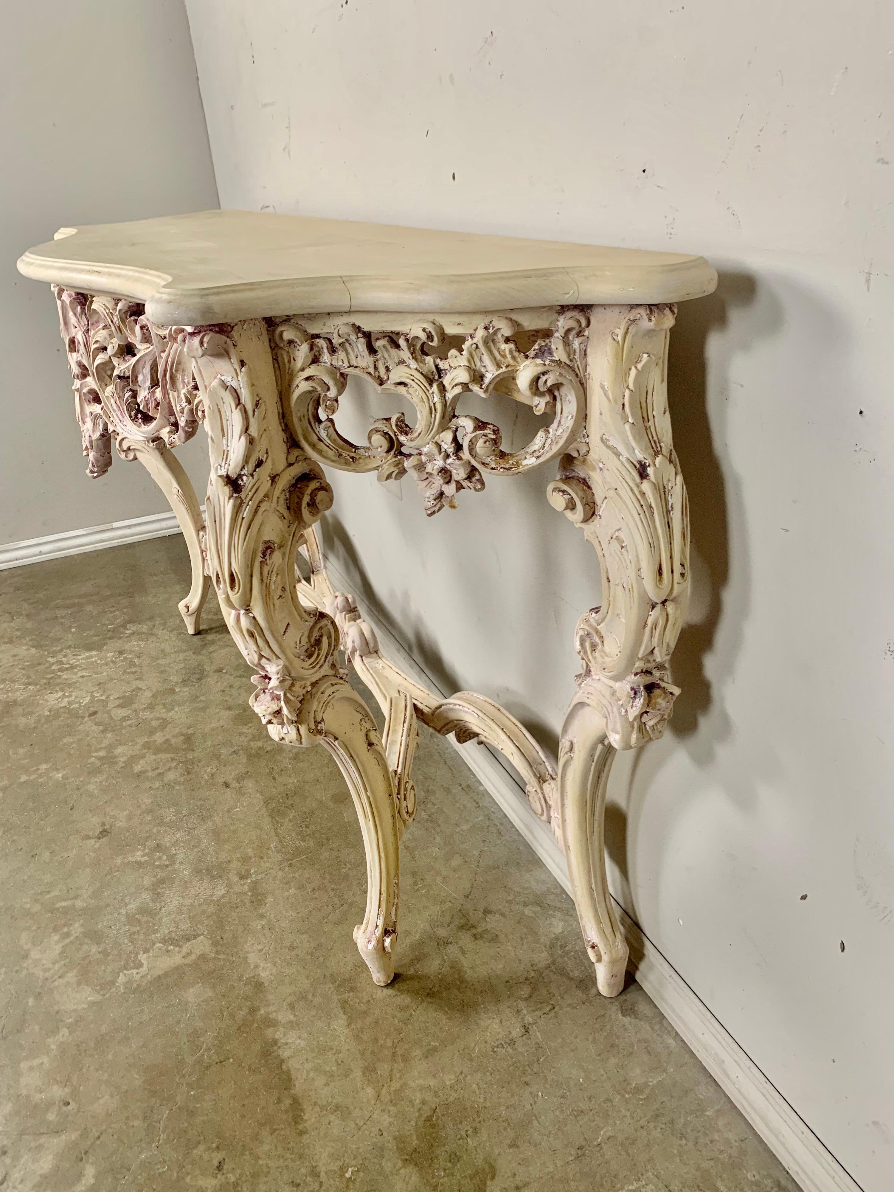 French Rococo Style Console C. 1930s In Distressed Condition For Sale In Los Angeles, CA