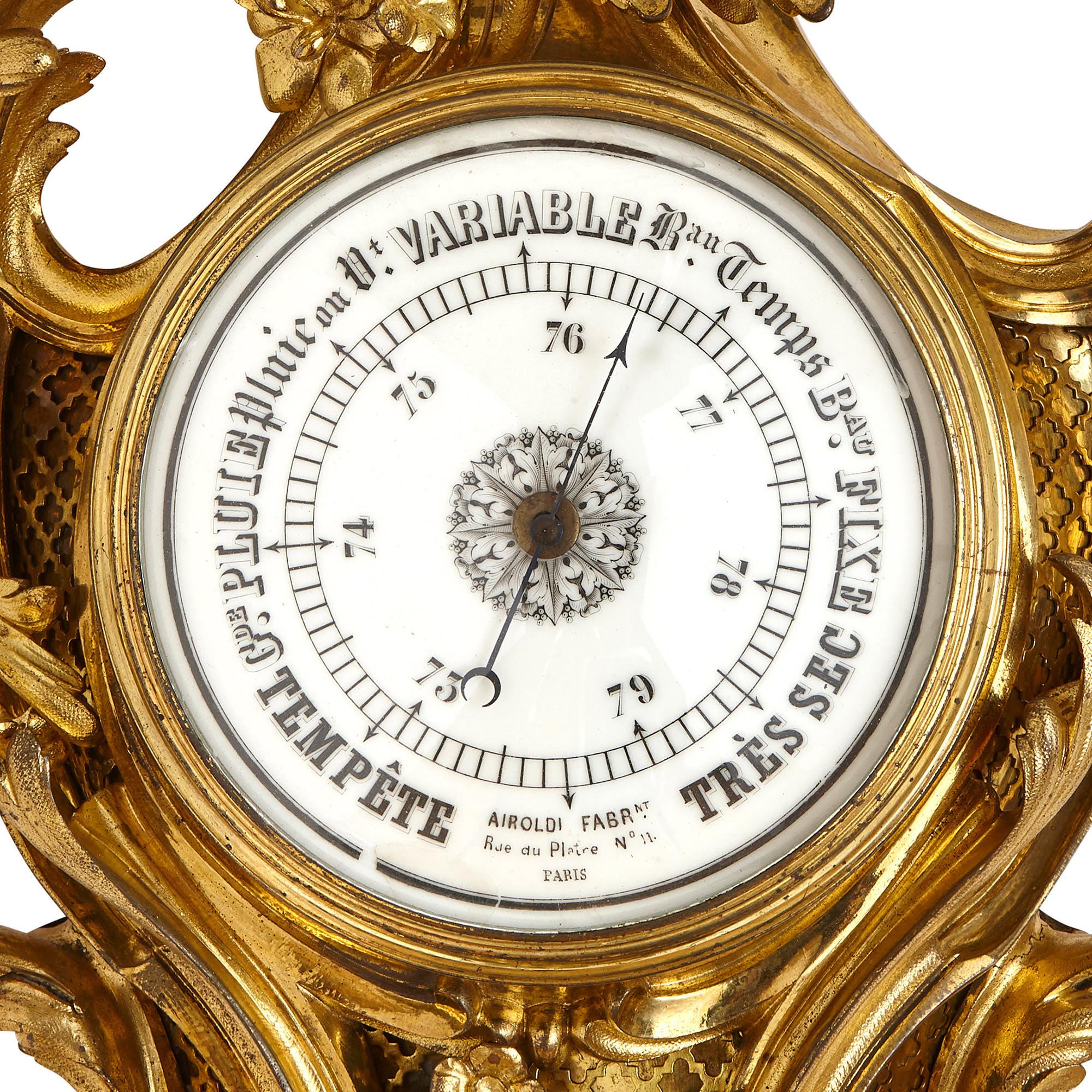 Rococo Horloge et baromètre en bronze doré de style rococo français par Charpentier en vente