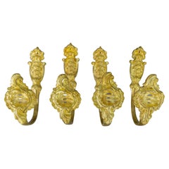 Retro French Rococo Style Gilt Bronze Curtain Tiebacks or Curtain Holders, Set of Four