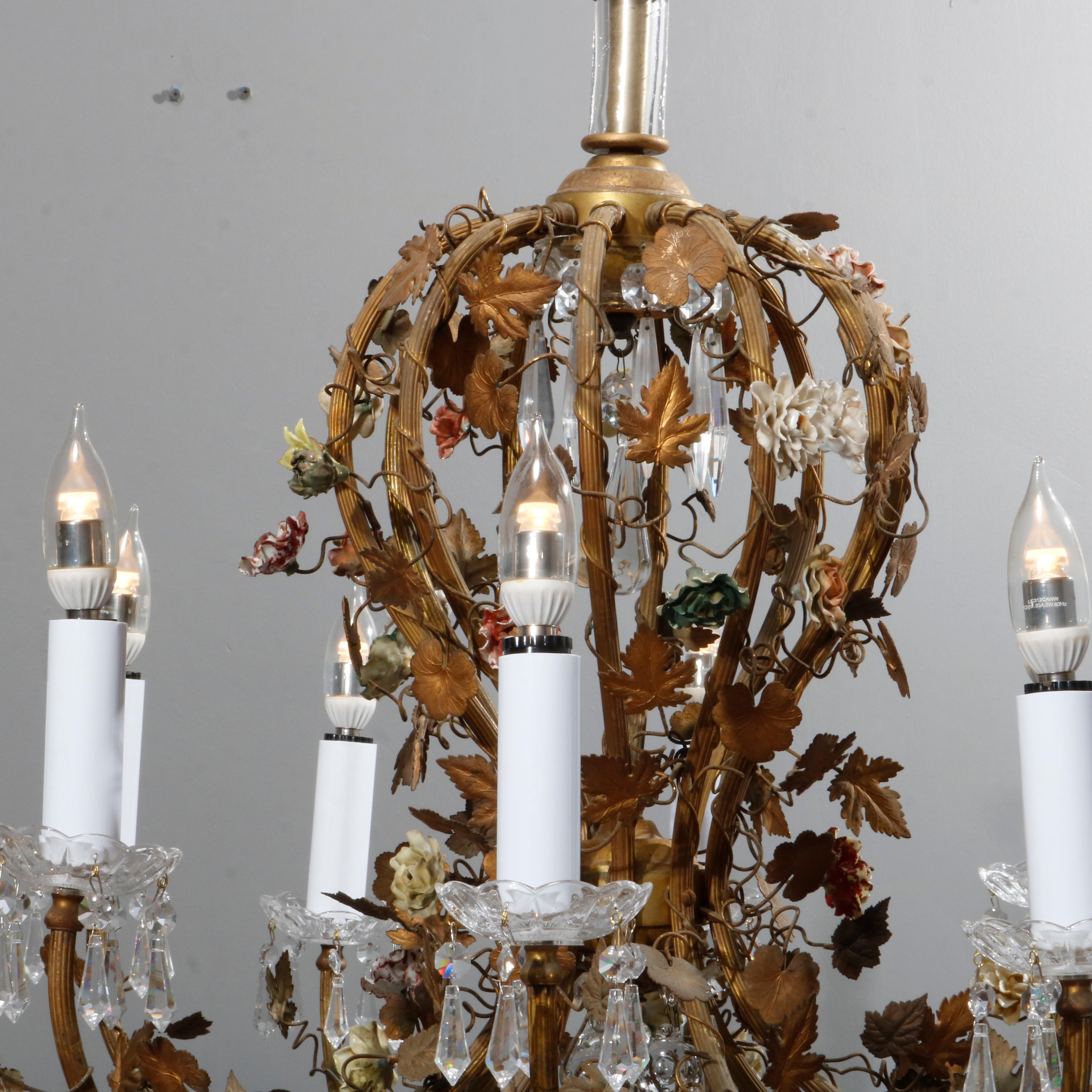 French Rococo Style Gilt Metal with Porcelain Flowers Ten-Light Chandelier C1930 7