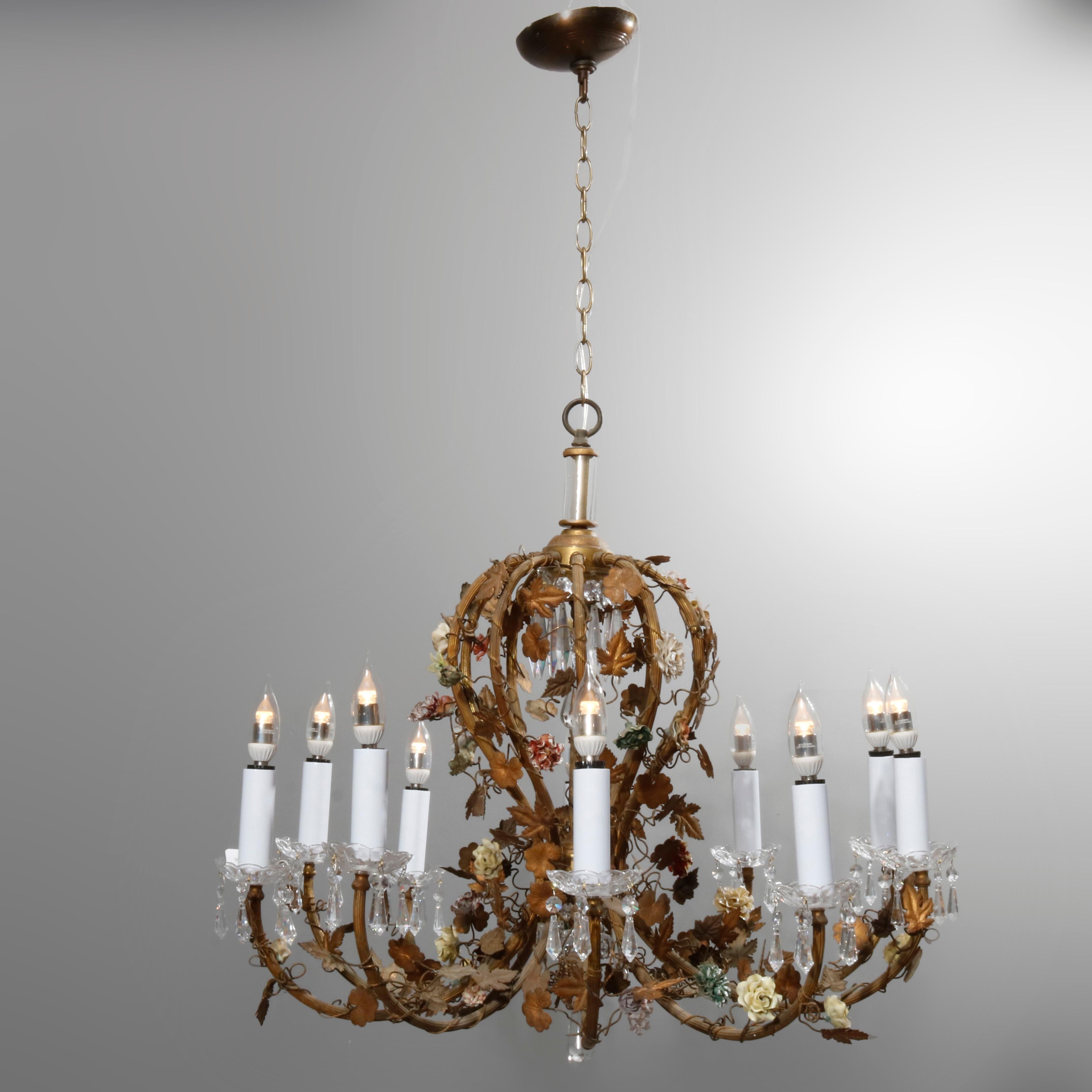 French Rococo Style Gilt Metal with Porcelain Flowers Ten-Light Chandelier C1930 8