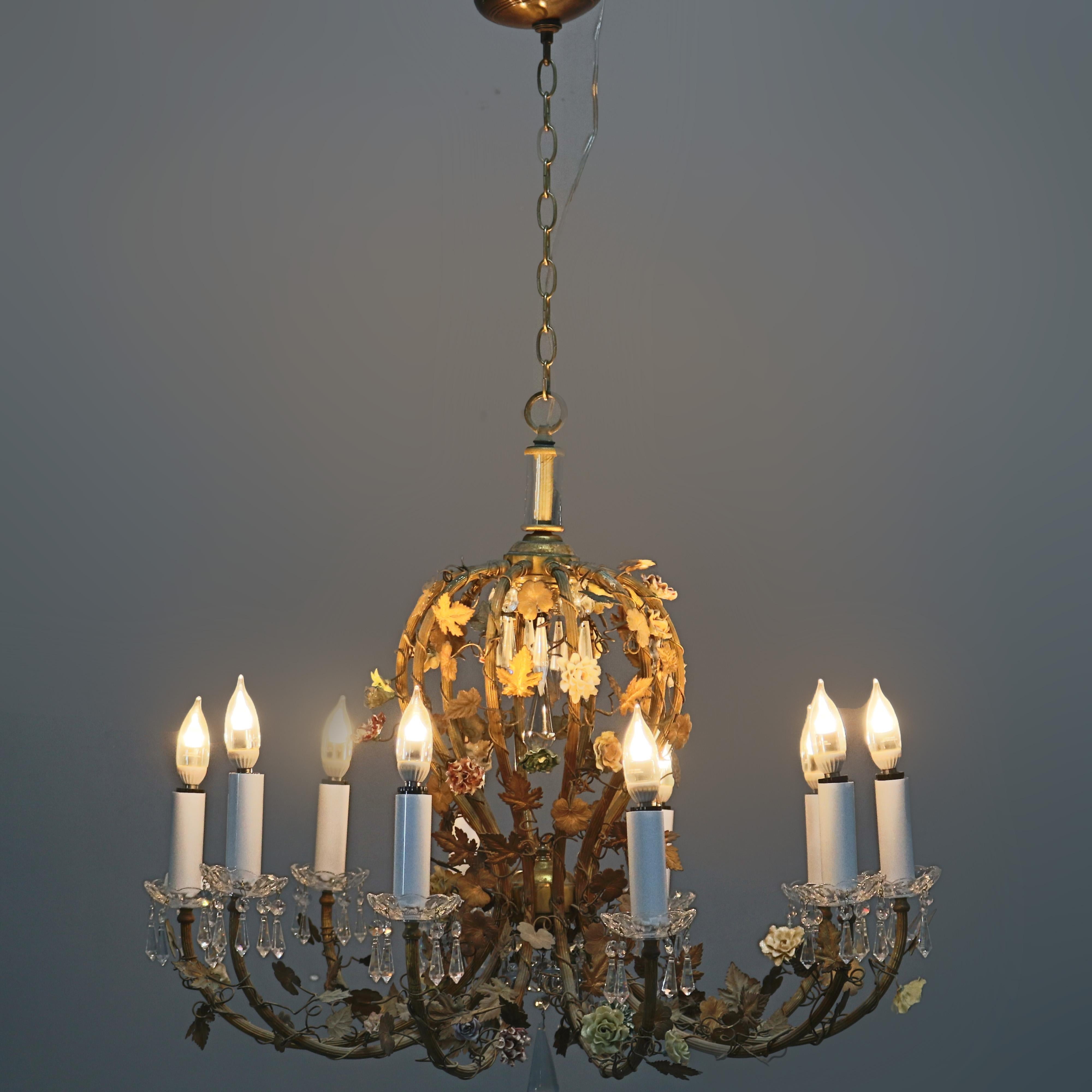 French Rococo Style Gilt Metal with Porcelain Flowers Ten-Light Chandelier C1930 9