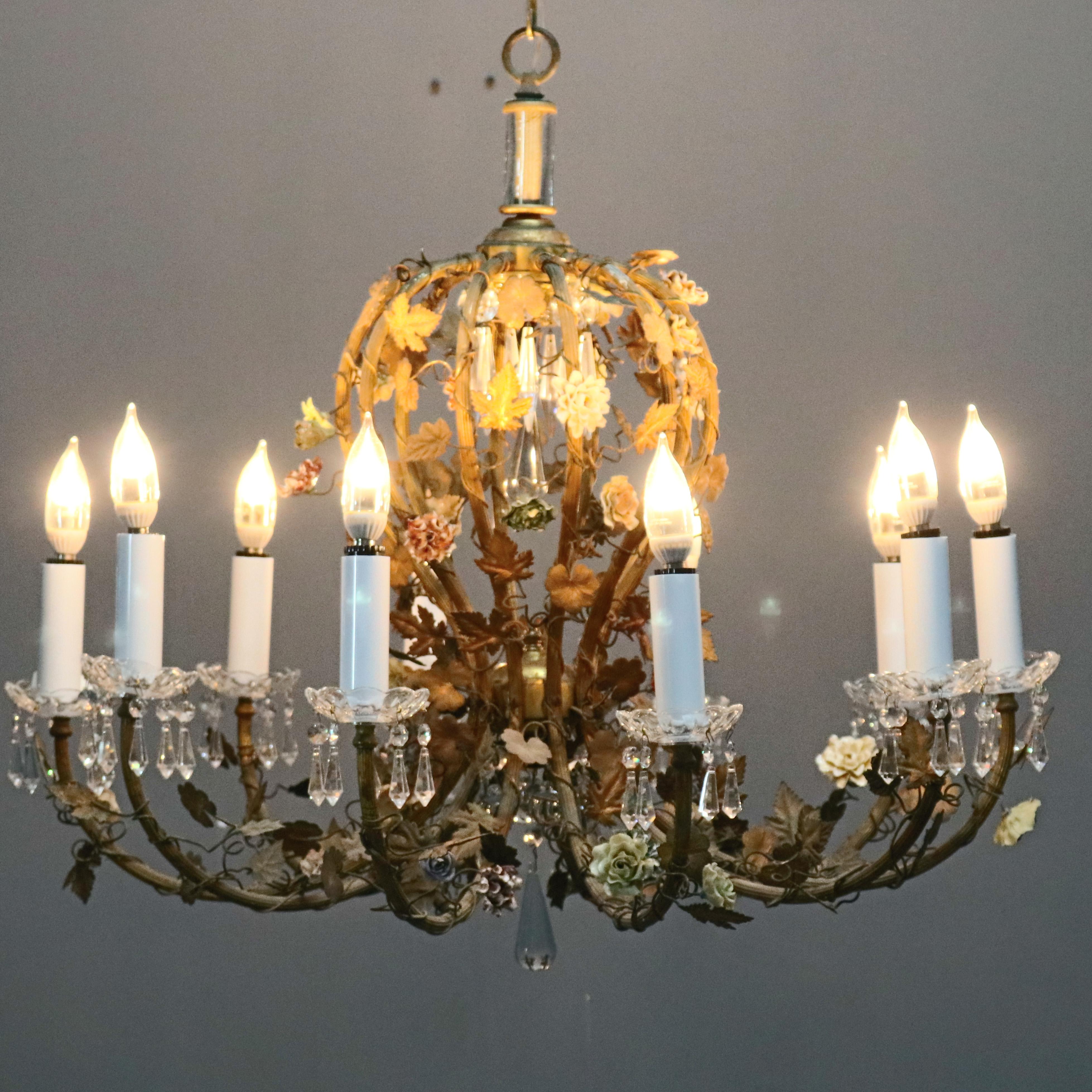 French Rococo Style Gilt Metal with Porcelain Flowers Ten-Light Chandelier C1930 10