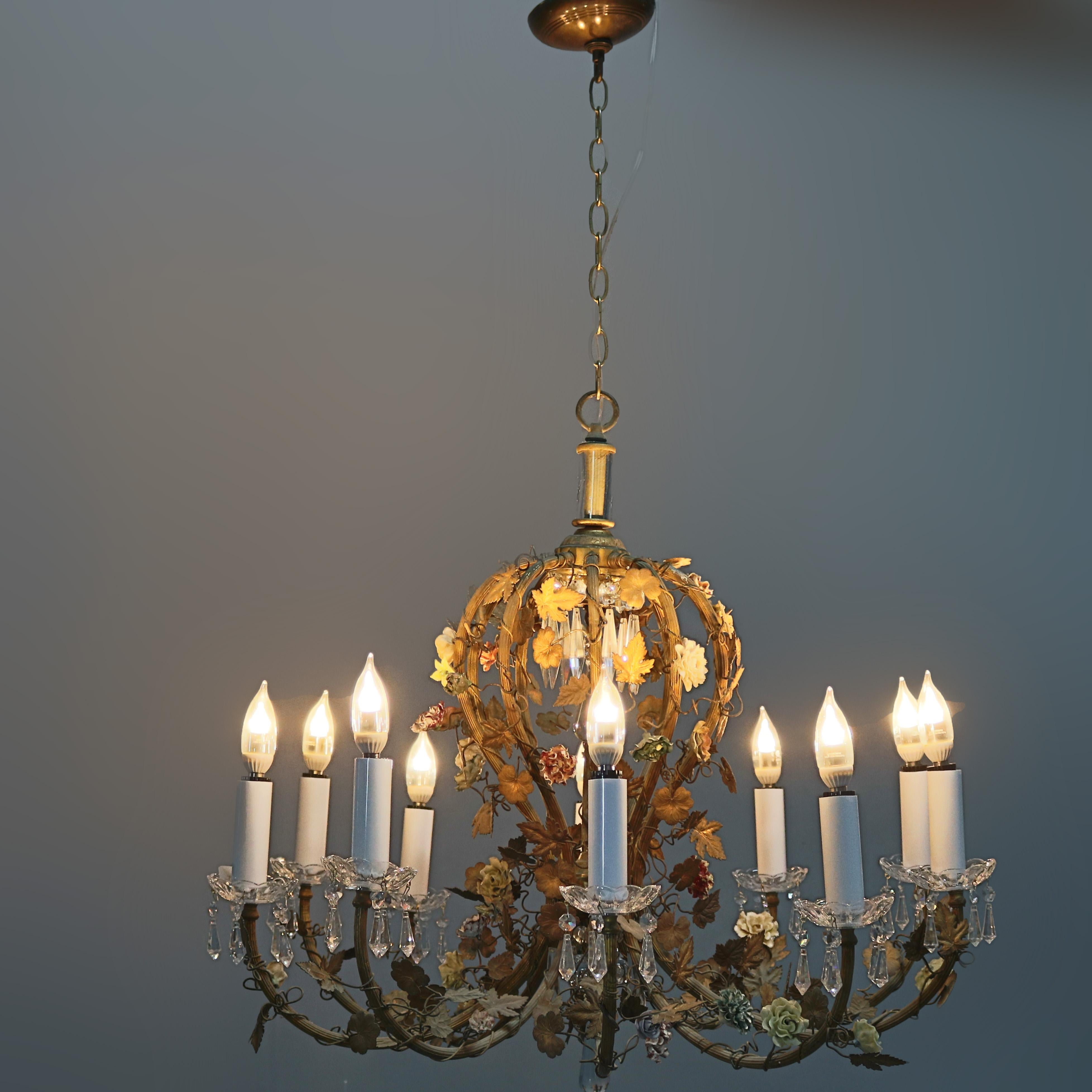 French Rococo Style Gilt Metal with Porcelain Flowers Ten-Light Chandelier C1930 11