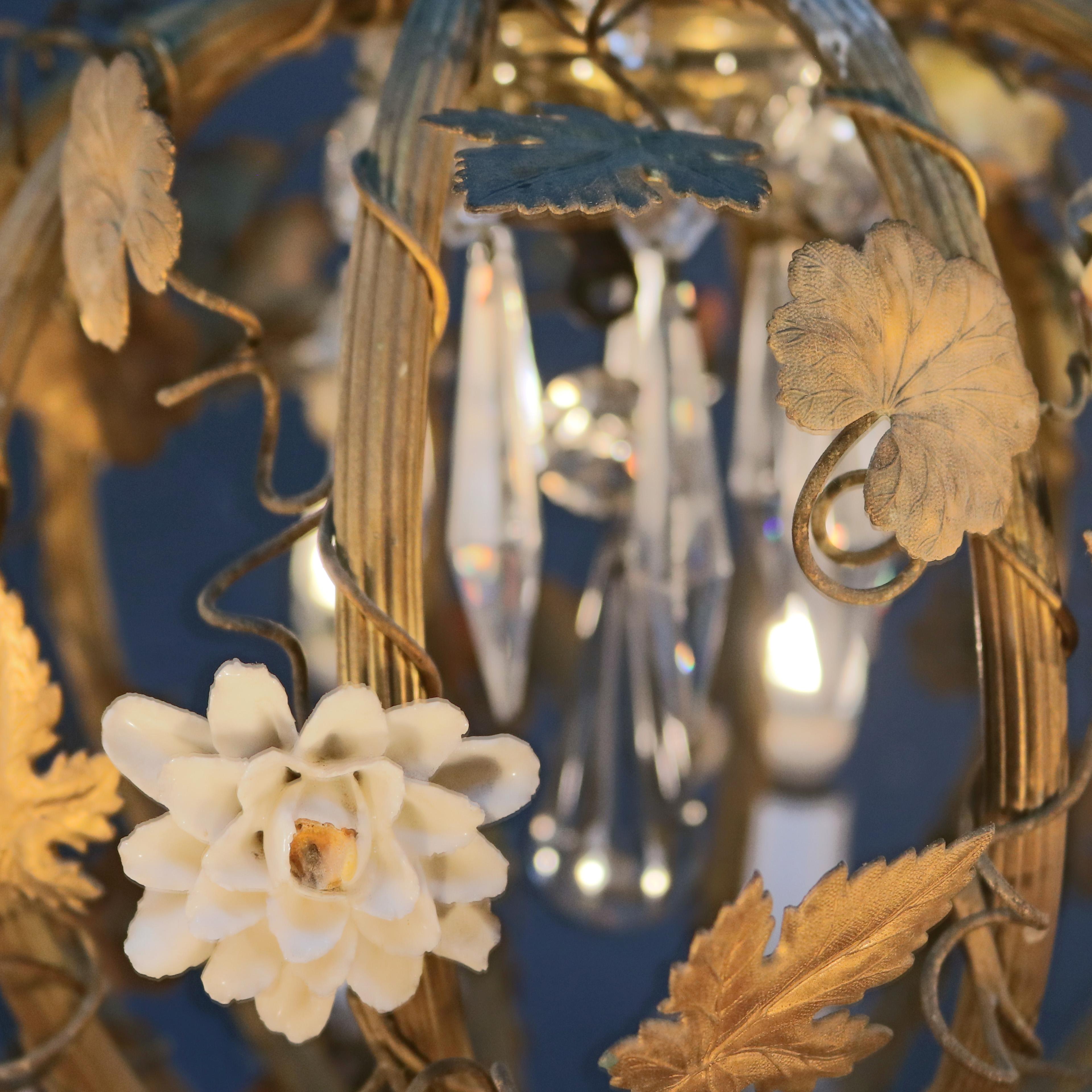 French Rococo Style Gilt Metal with Porcelain Flowers Ten-Light Chandelier C1930 12