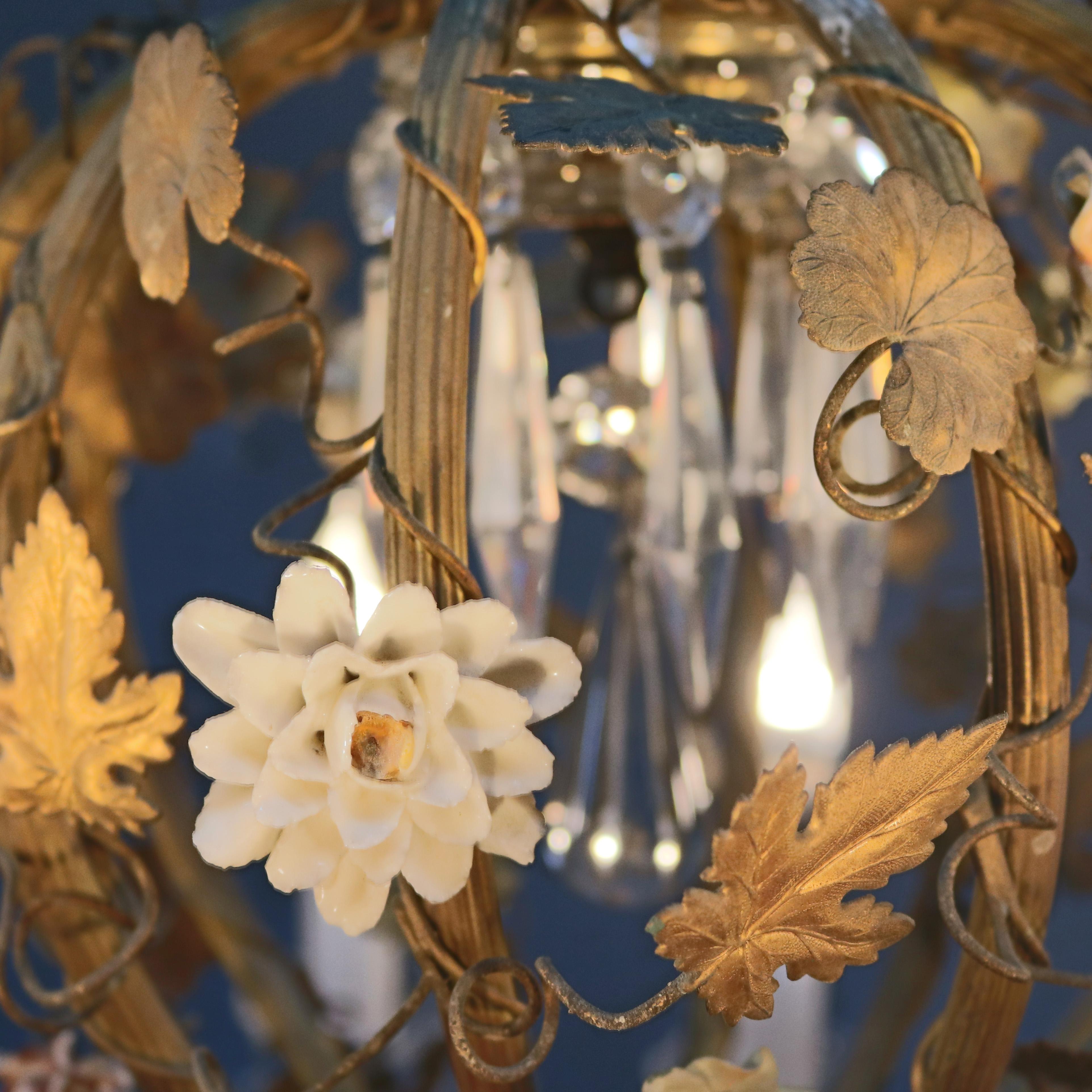 French Rococo Style Gilt Metal with Porcelain Flowers Ten-Light Chandelier C1930 13