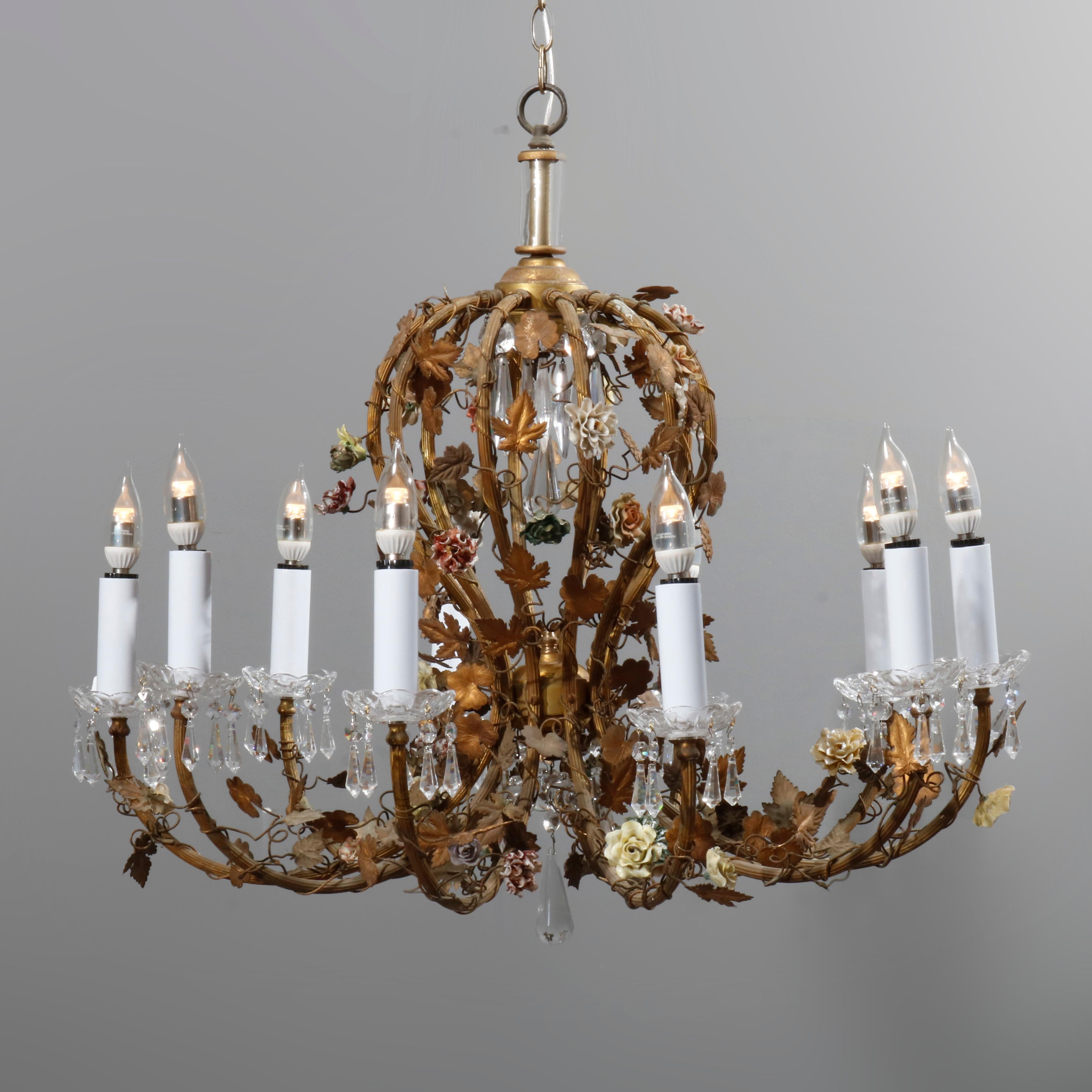French Rococo Style Gilt Metal with Porcelain Flowers Ten-Light Chandelier C1930 In Good Condition In Big Flats, NY