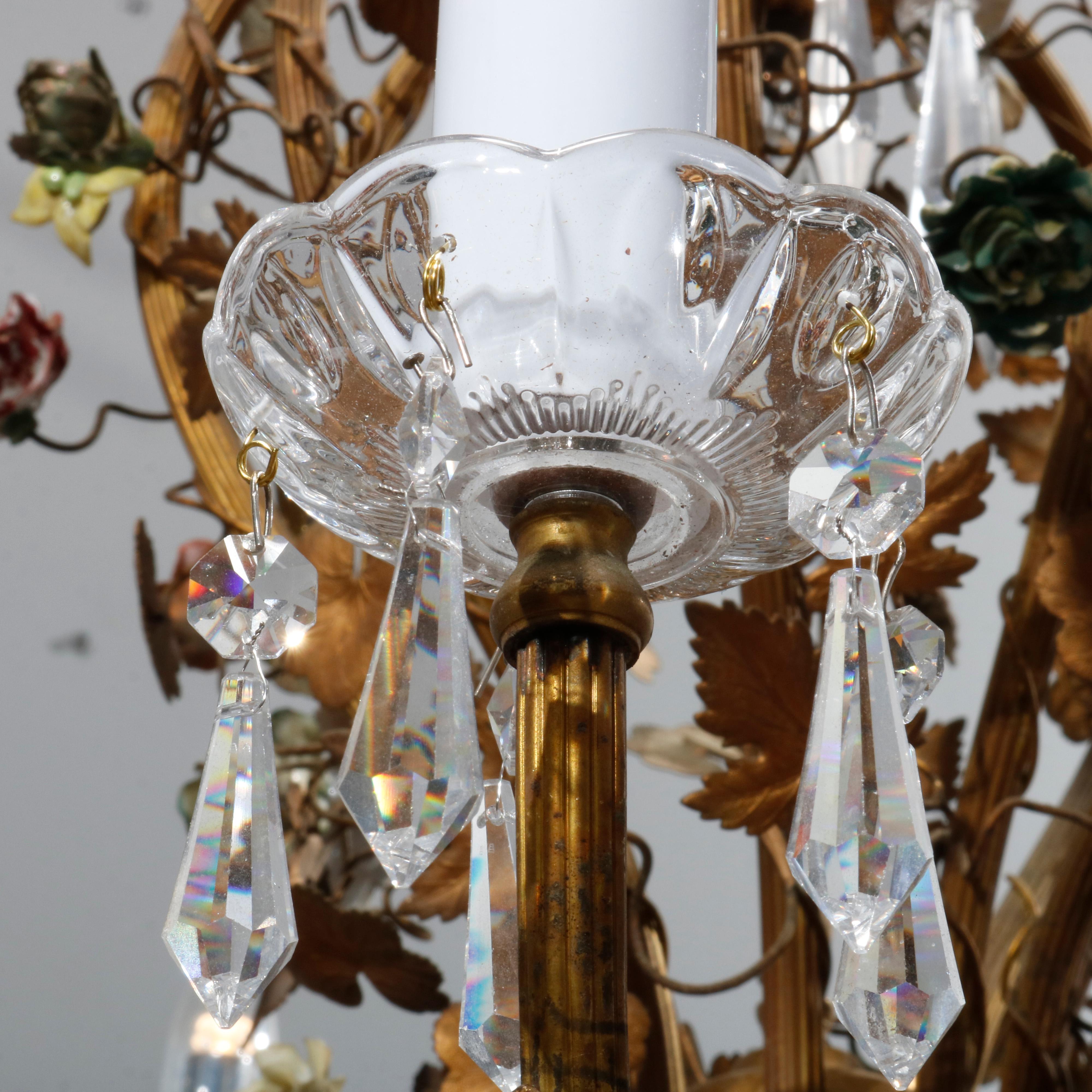 French Rococo Style Gilt Metal with Porcelain Flowers Ten-Light Chandelier C1930 5