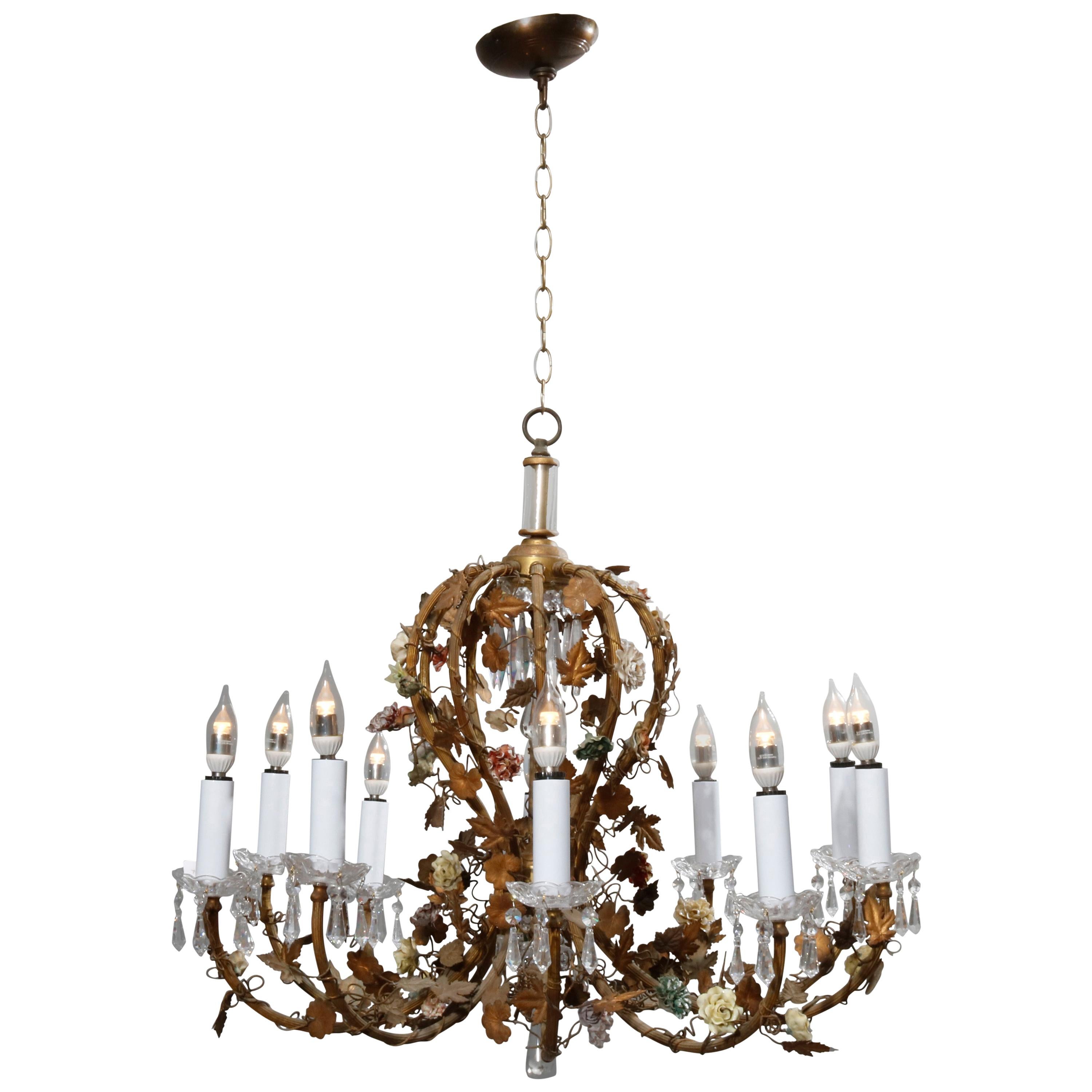 French Rococo Style Gilt Metal with Porcelain Flowers Ten-Light Chandelier C1930