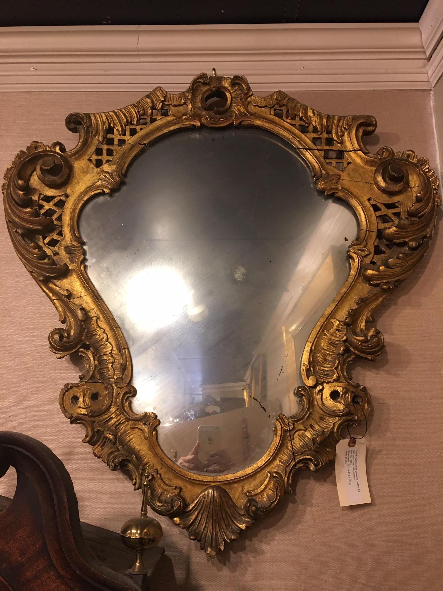 French Rococo Style Giltwood Cartouche Form Mirror, Late 19th Century In Good Condition For Sale In Savannah, GA