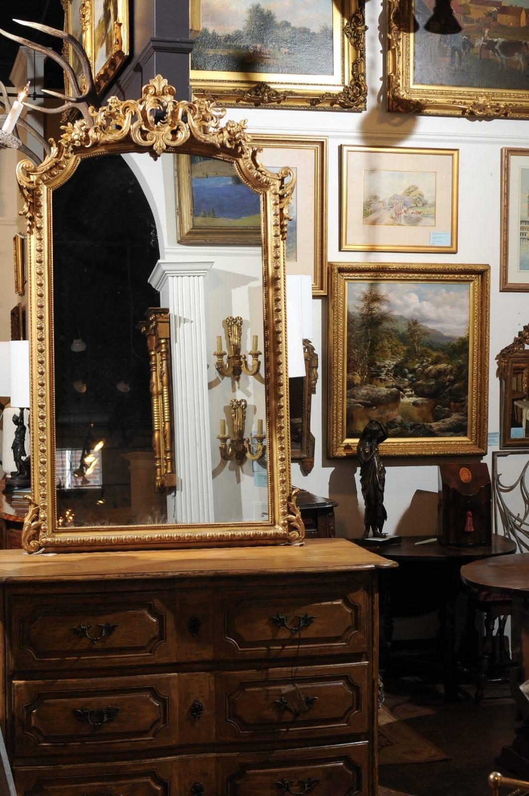 French Rococo Style Giltwood Mirror with Cartouche Carved Crest, 19th Century In Good Condition In Atlanta, GA