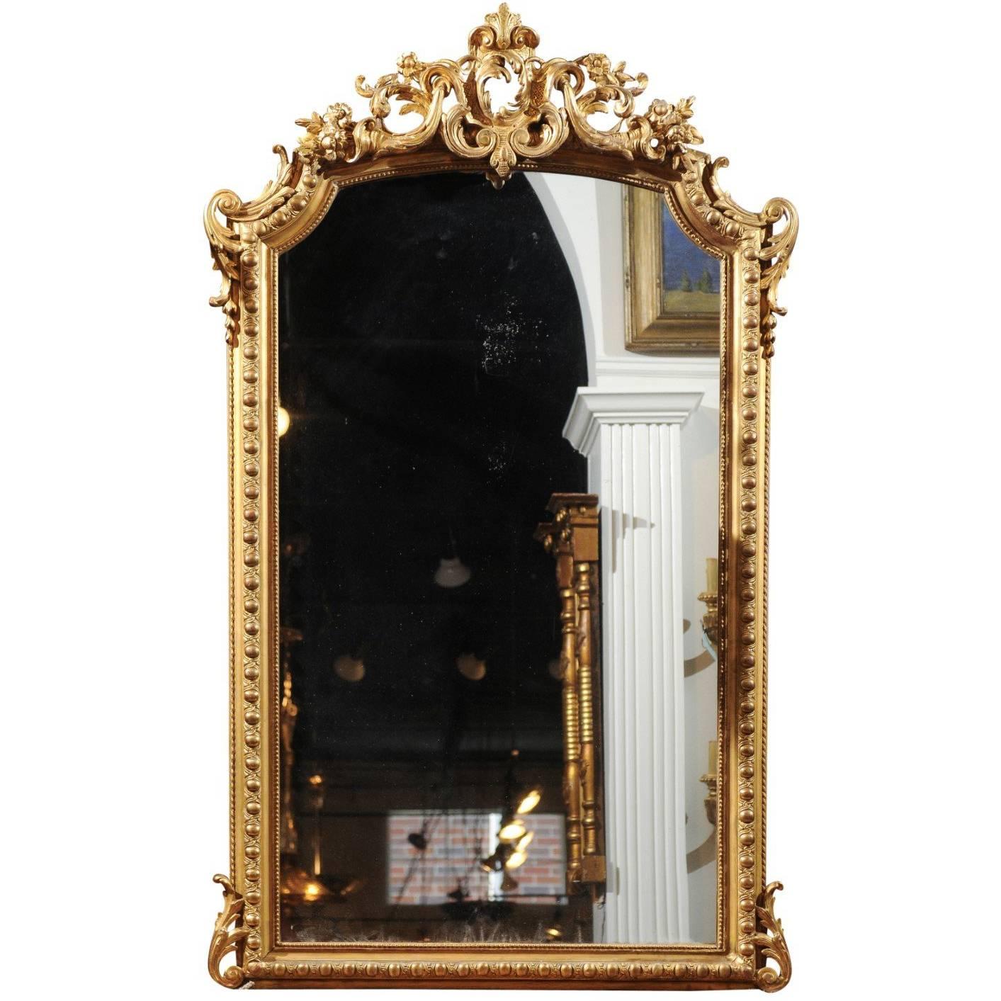 French Rococo Style Giltwood Mirror with Cartouche Carved Crest, 19th Century