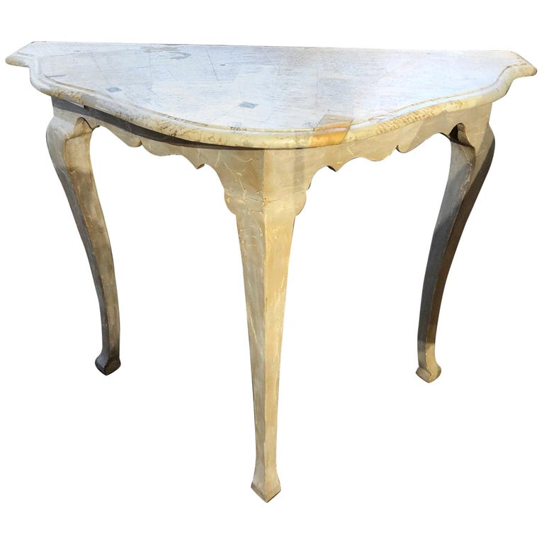 French Rococo Style Ivory Console Table With Collaged Vintage