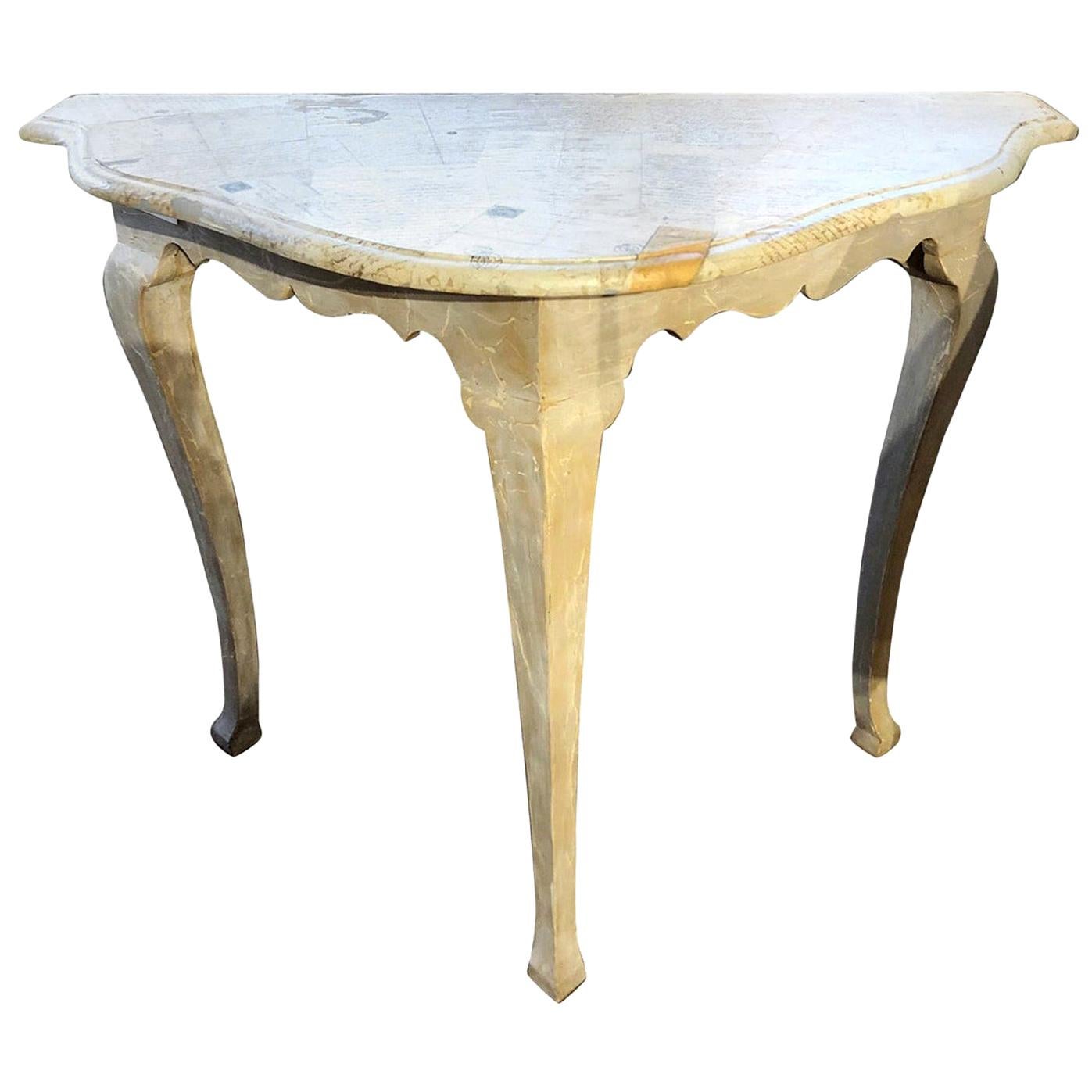 French Rococo Style Console Table with Vintage Letters Collage and Ivory Paint For Sale