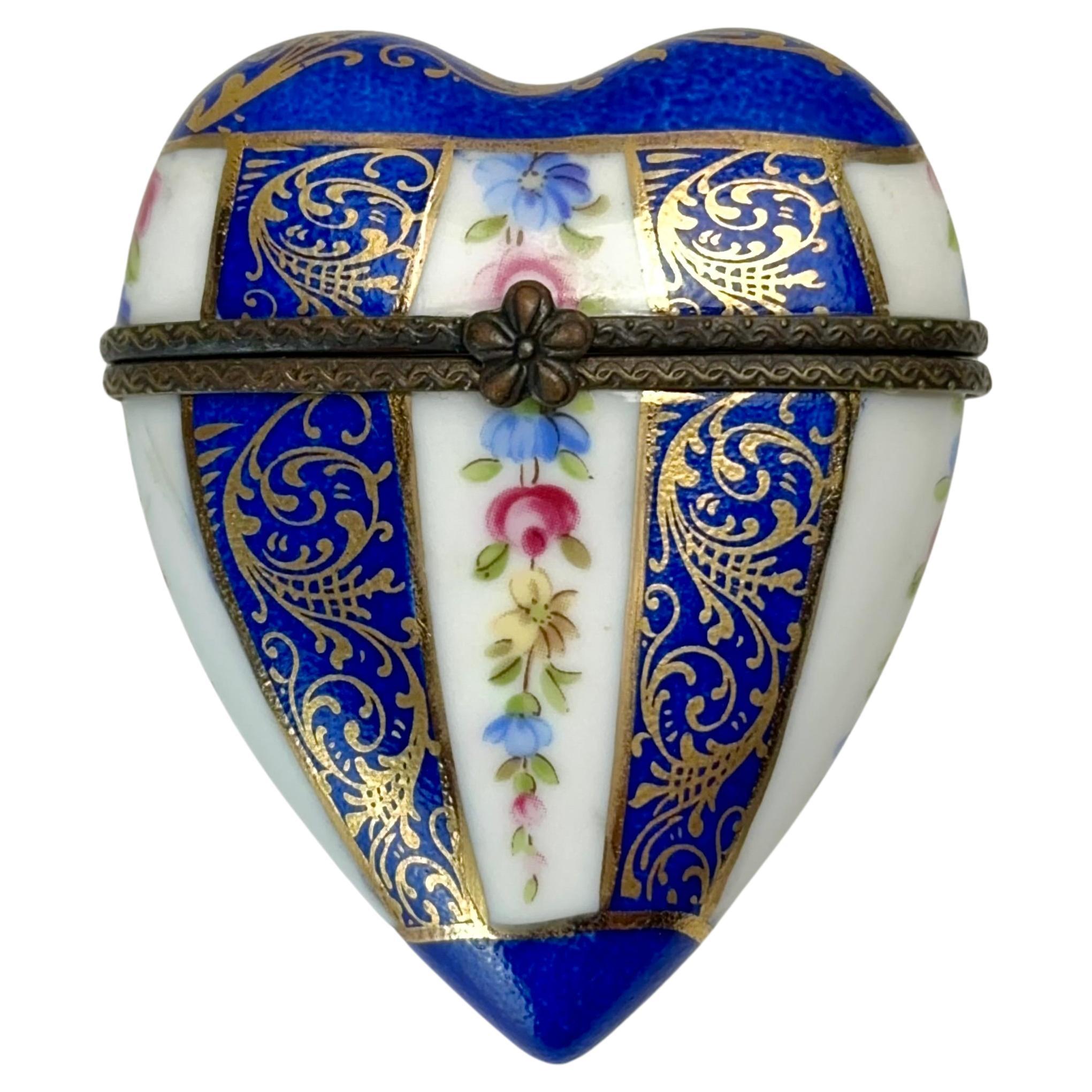 French Rococo Style Limoges Porcelain Heart Shaped Trinket Box 