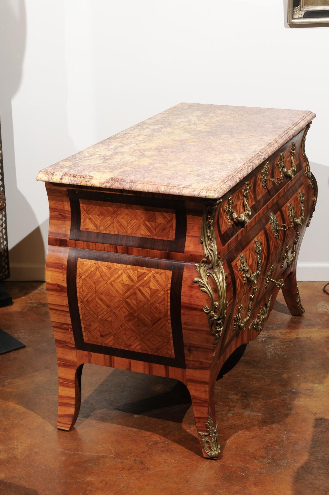 French Rococo Style Marquetry Three-Drawer Bombé Commode with Bronze Mounts 6