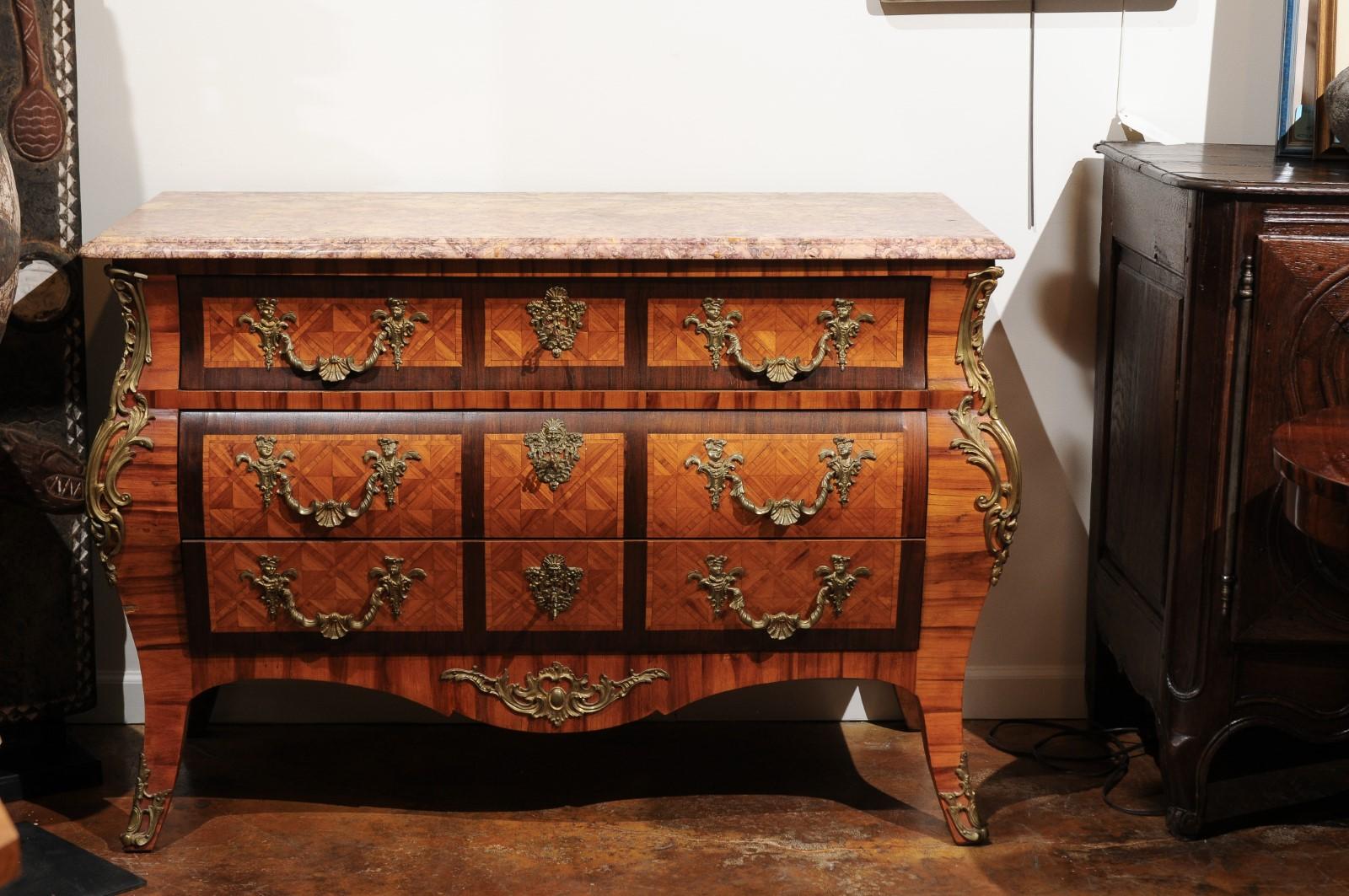 French Rococo Style Marquetry Three-Drawer Bombé Commode with Bronze Mounts In Good Condition In Atlanta, GA