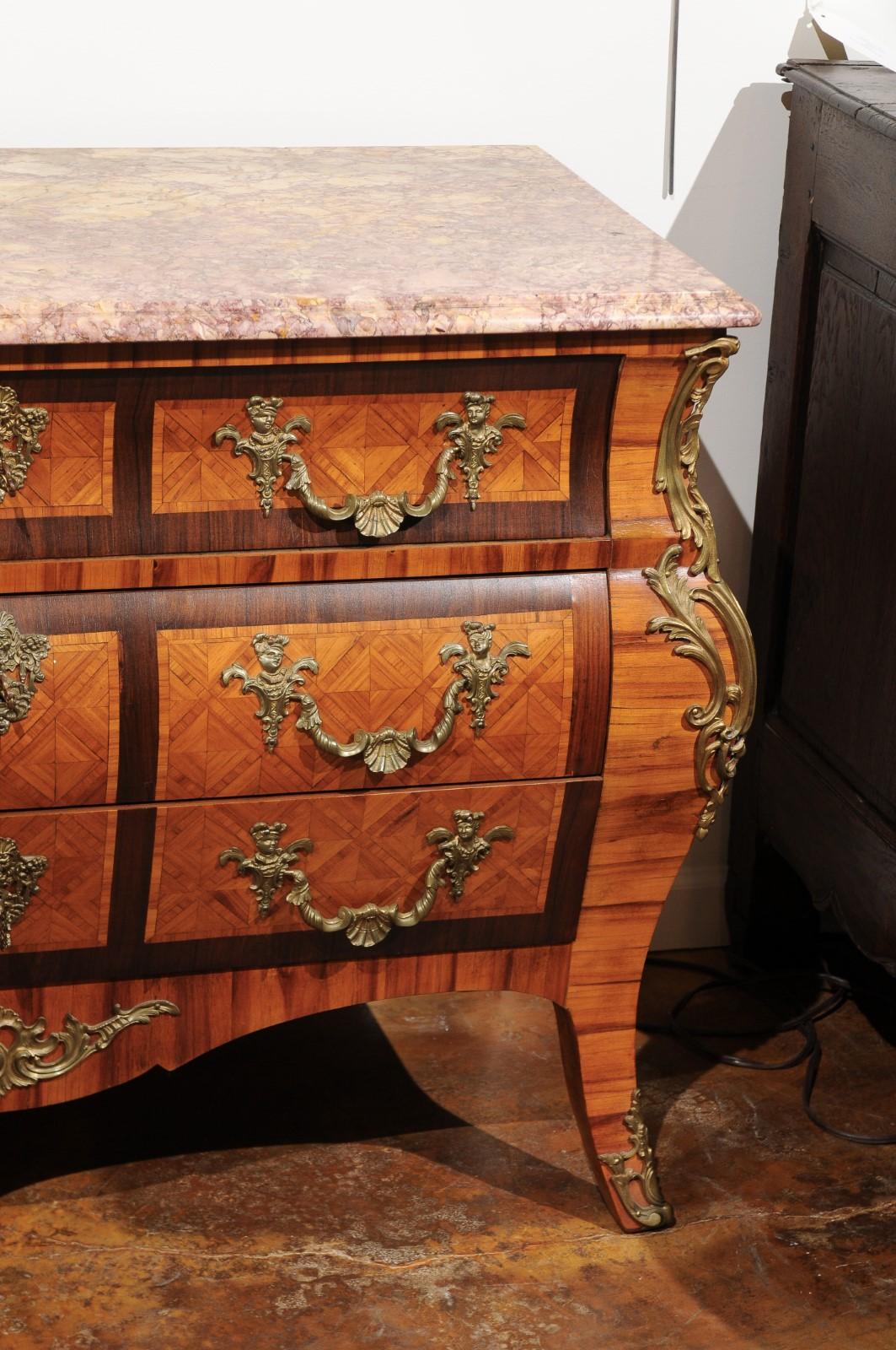 20th Century French Rococo Style Marquetry Three-Drawer Bombé Commode with Bronze Mounts