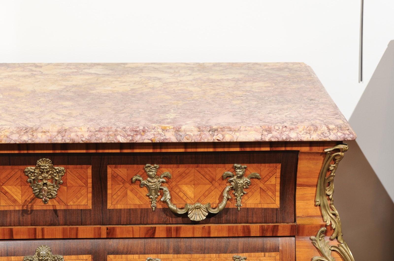 French Rococo Style Marquetry Three-Drawer Bombé Commode with Bronze Mounts 1