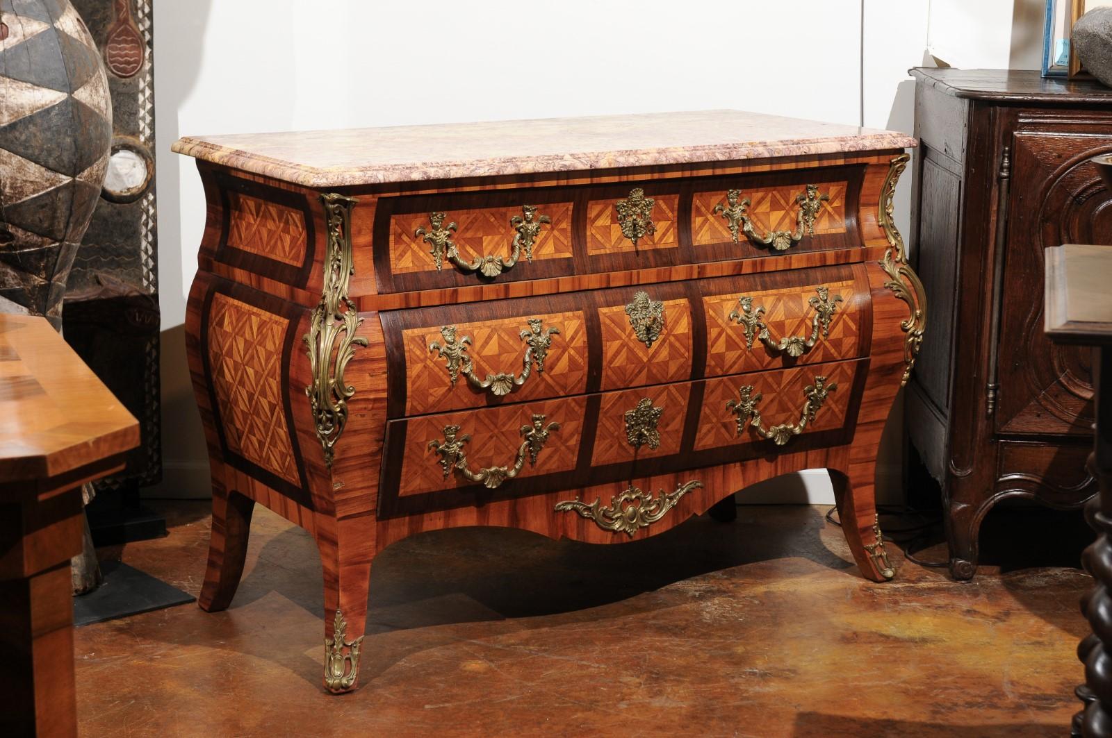 French Rococo Style Marquetry Three-Drawer Bombé Commode with Bronze Mounts 2