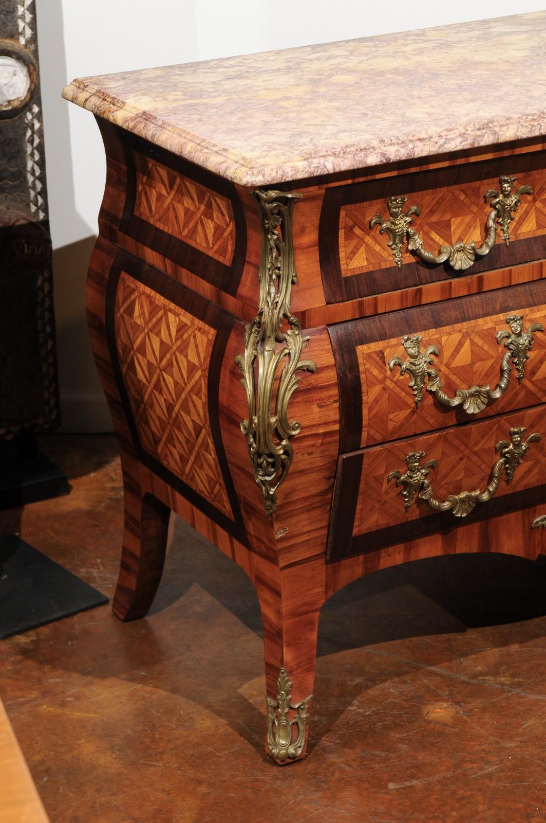 French Rococo Style Marquetry Three-Drawer Bombé Commode with Bronze Mounts 3
