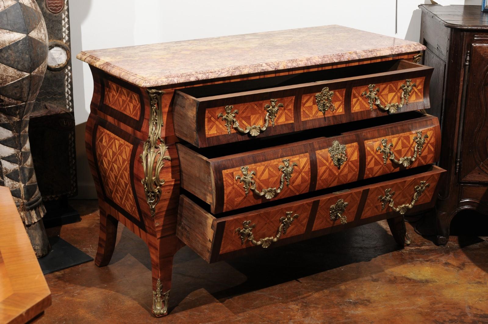 French Rococo Style Marquetry Three-Drawer Bombé Commode with Bronze Mounts 4