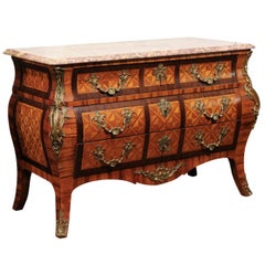 French Rococo Style Marquetry Three-Drawer Bombé Commode with Bronze Mounts