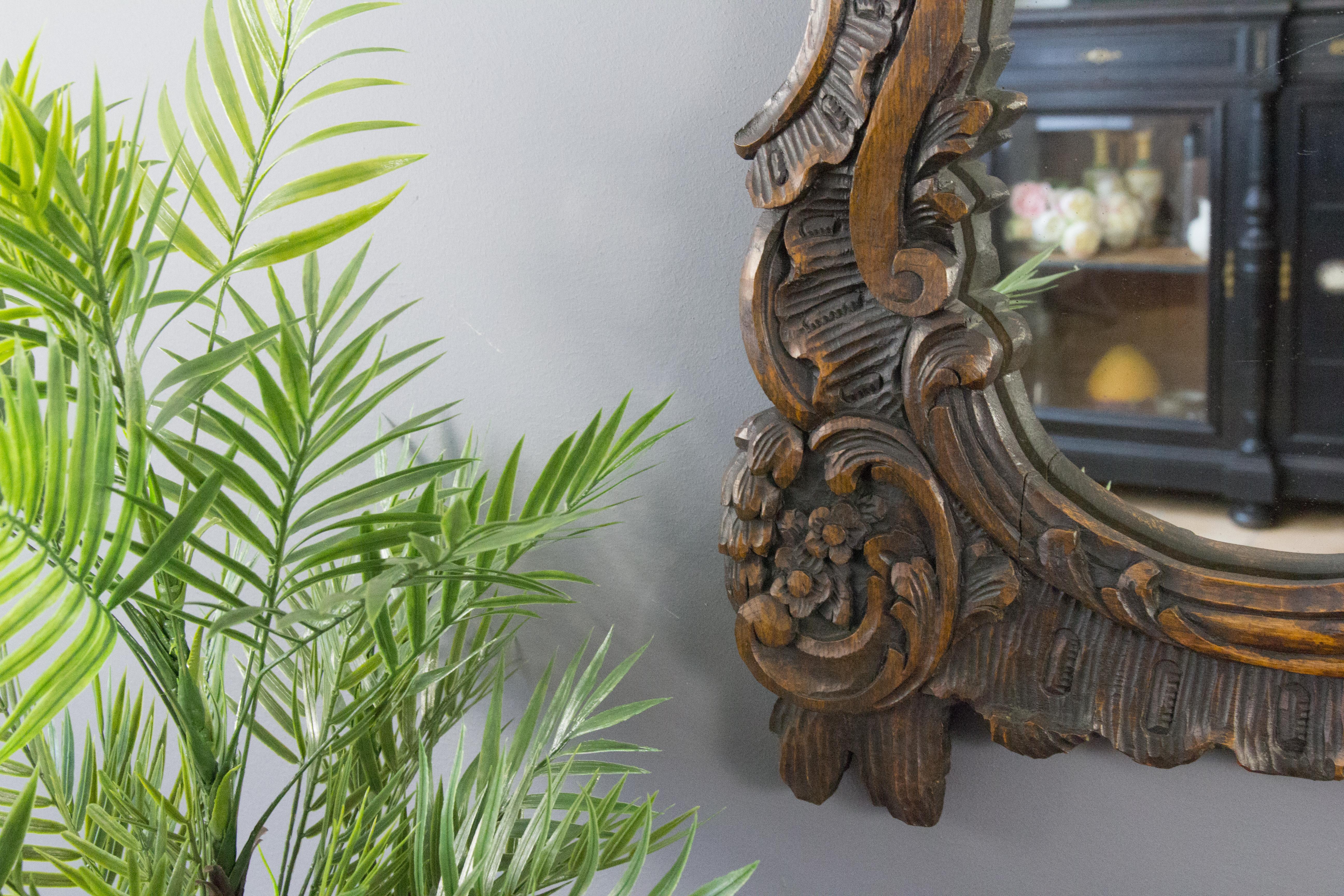 French Rococo Style Ornate Carved Wood Dark Brown Wall Mirror Early 20th Century For Sale 3