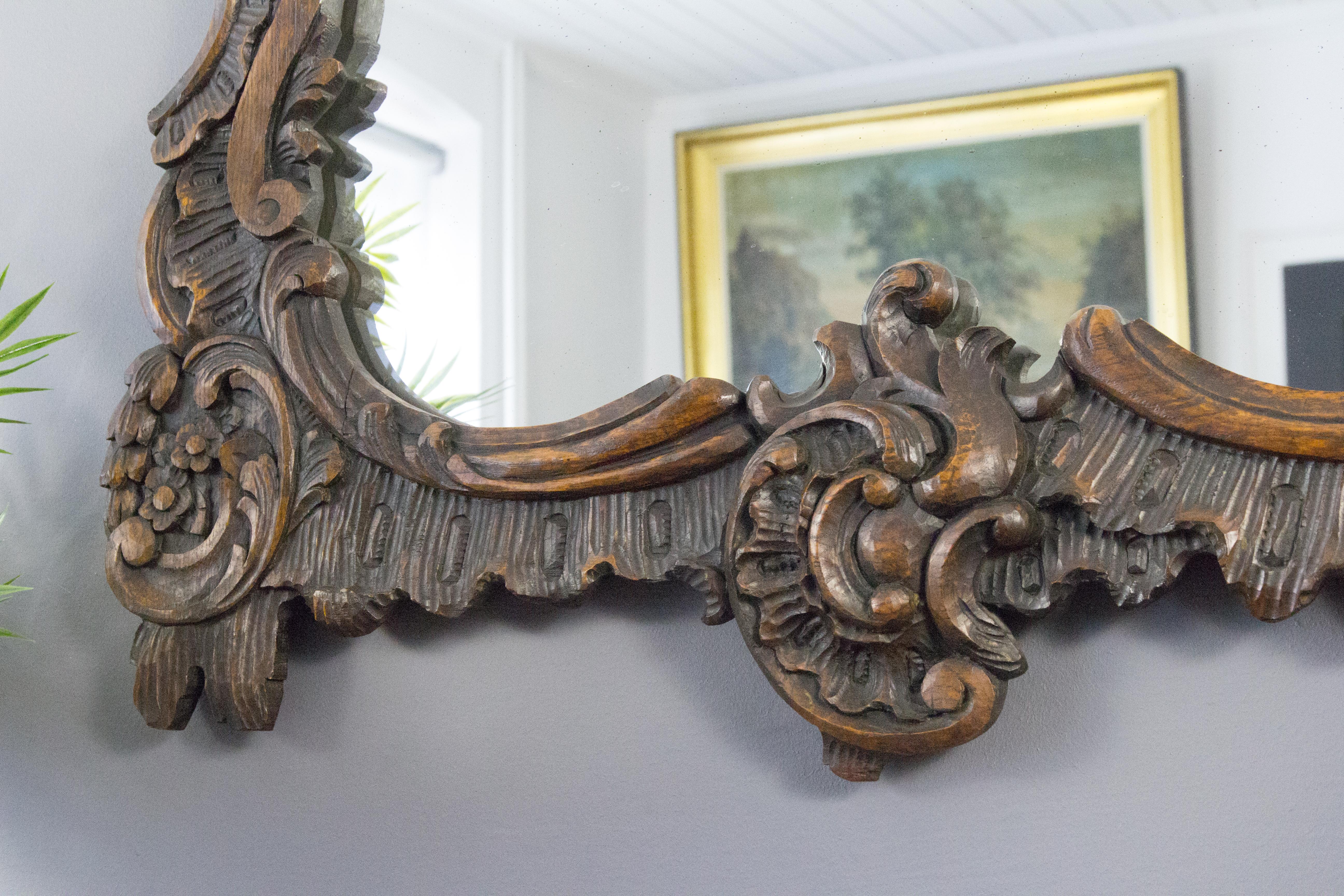 French Rococo Style Ornate Carved Wood Dark Brown Wall Mirror Early 20th Century For Sale 4