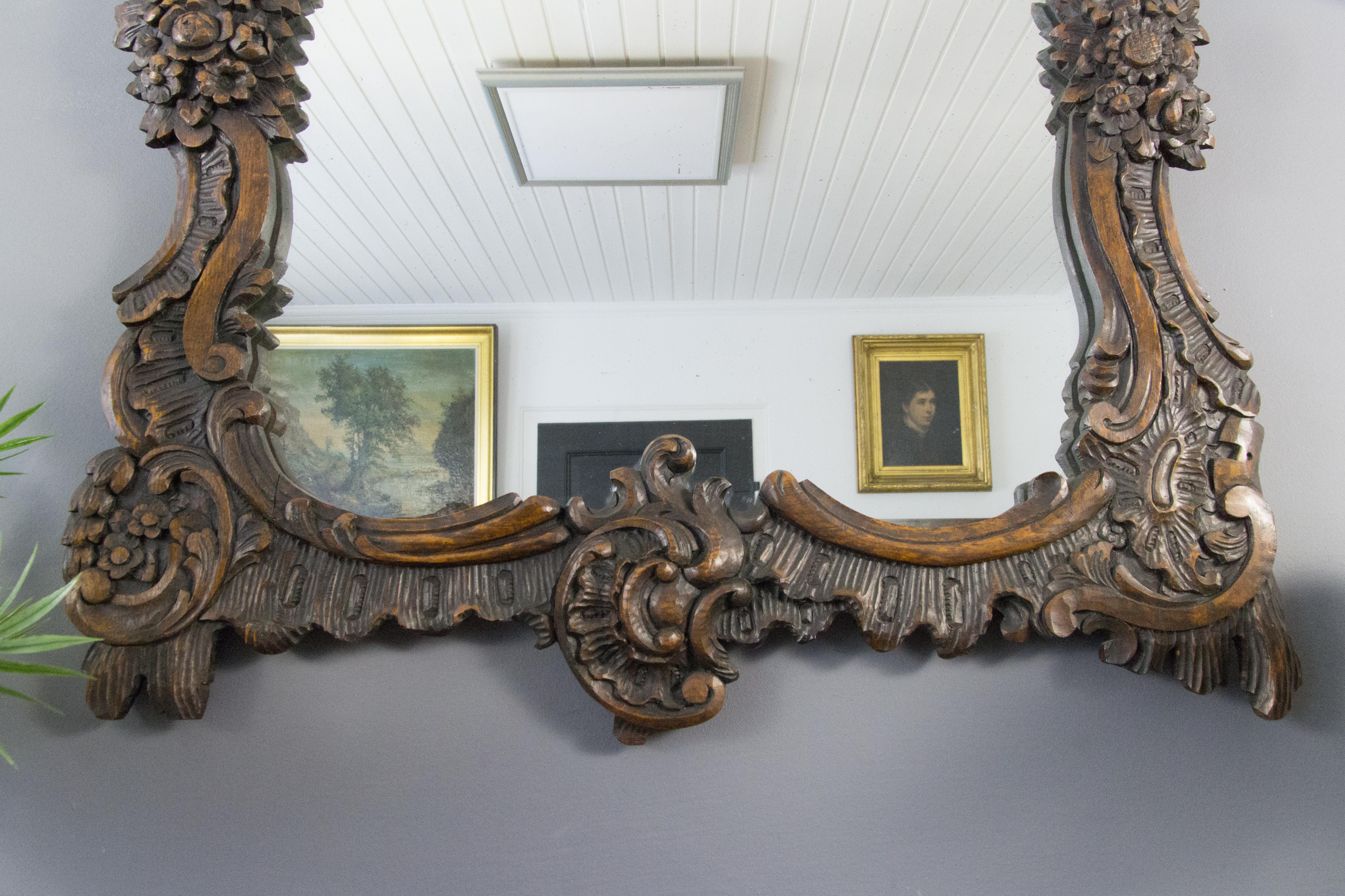 French Rococo Style Ornate Carved Wood Dark Brown Wall Mirror Early 20th Century For Sale 6