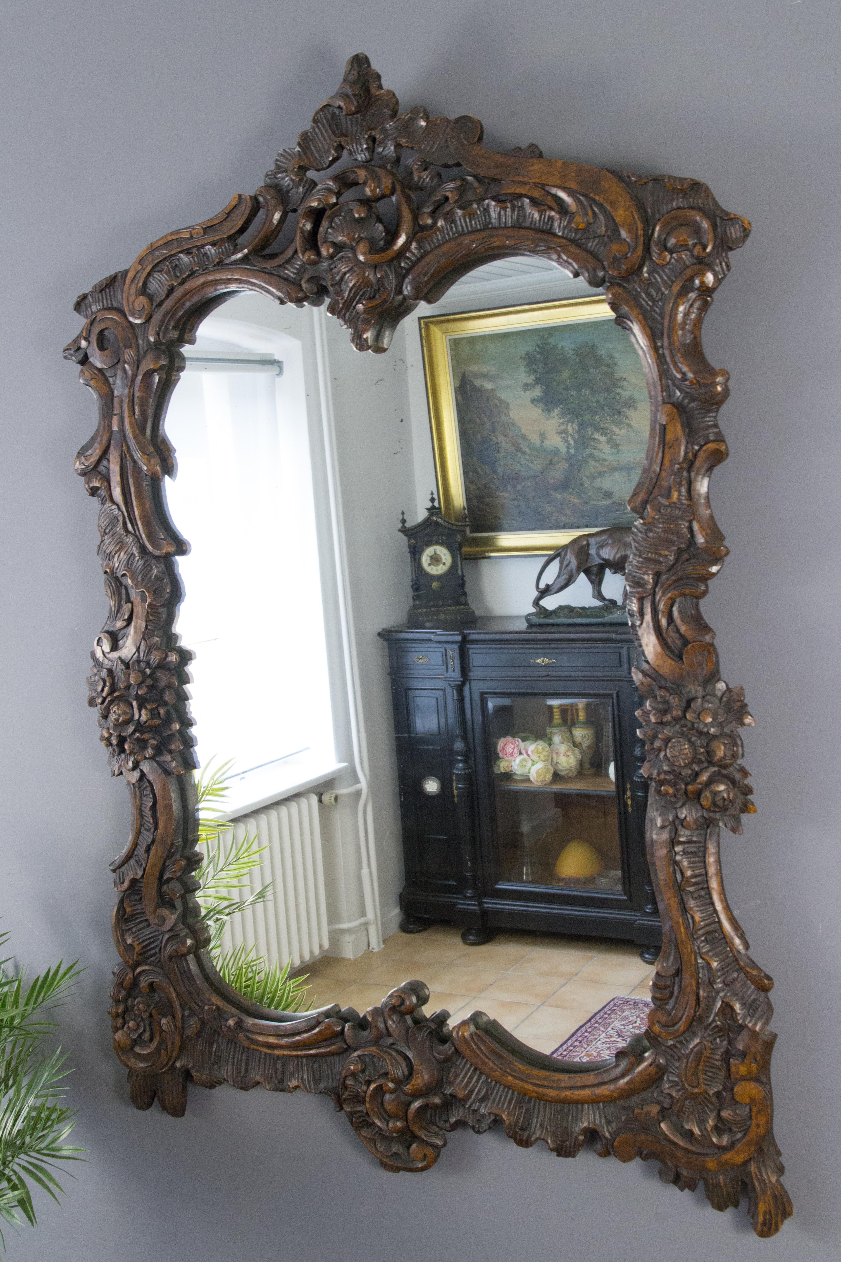 French Rococo Style Ornate Carved Wood Dark Brown Wall Mirror Early 20th Century For Sale 9