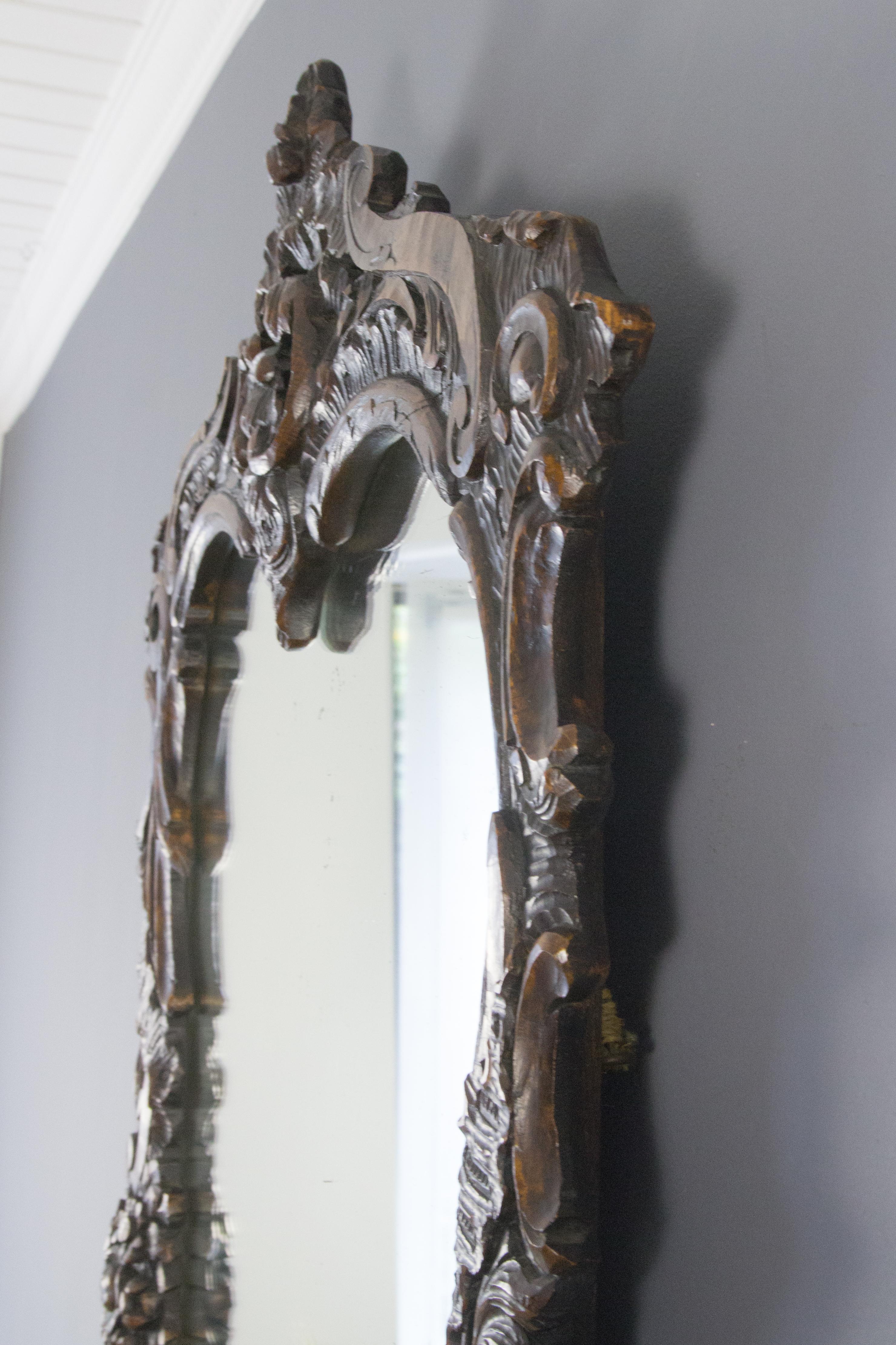French Rococo Style Ornate Carved Wood Dark Brown Wall Mirror Early 20th Century For Sale 10