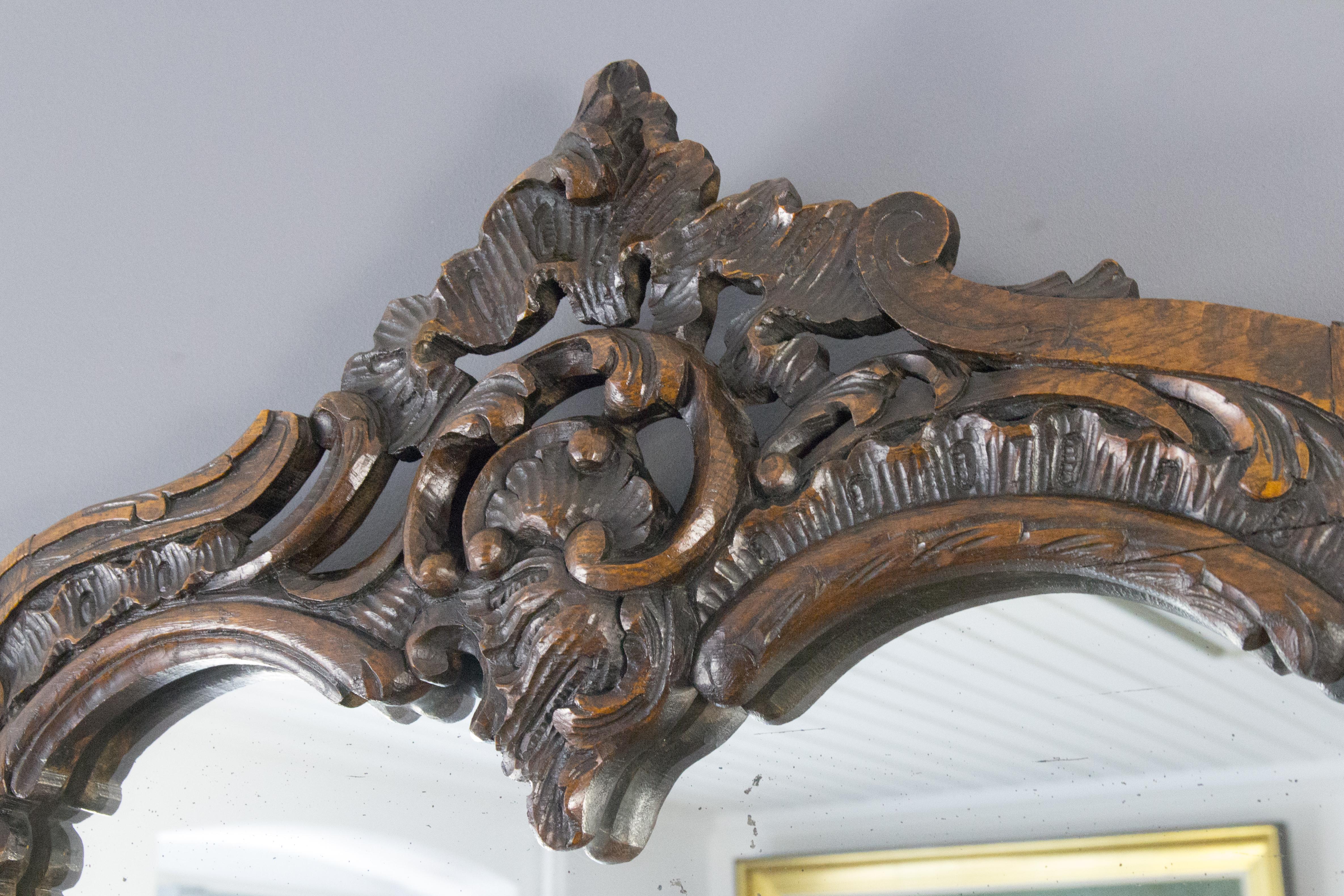 Louis XV French Rococo Style Ornate Carved Wood Dark Brown Wall Mirror Early 20th Century For Sale