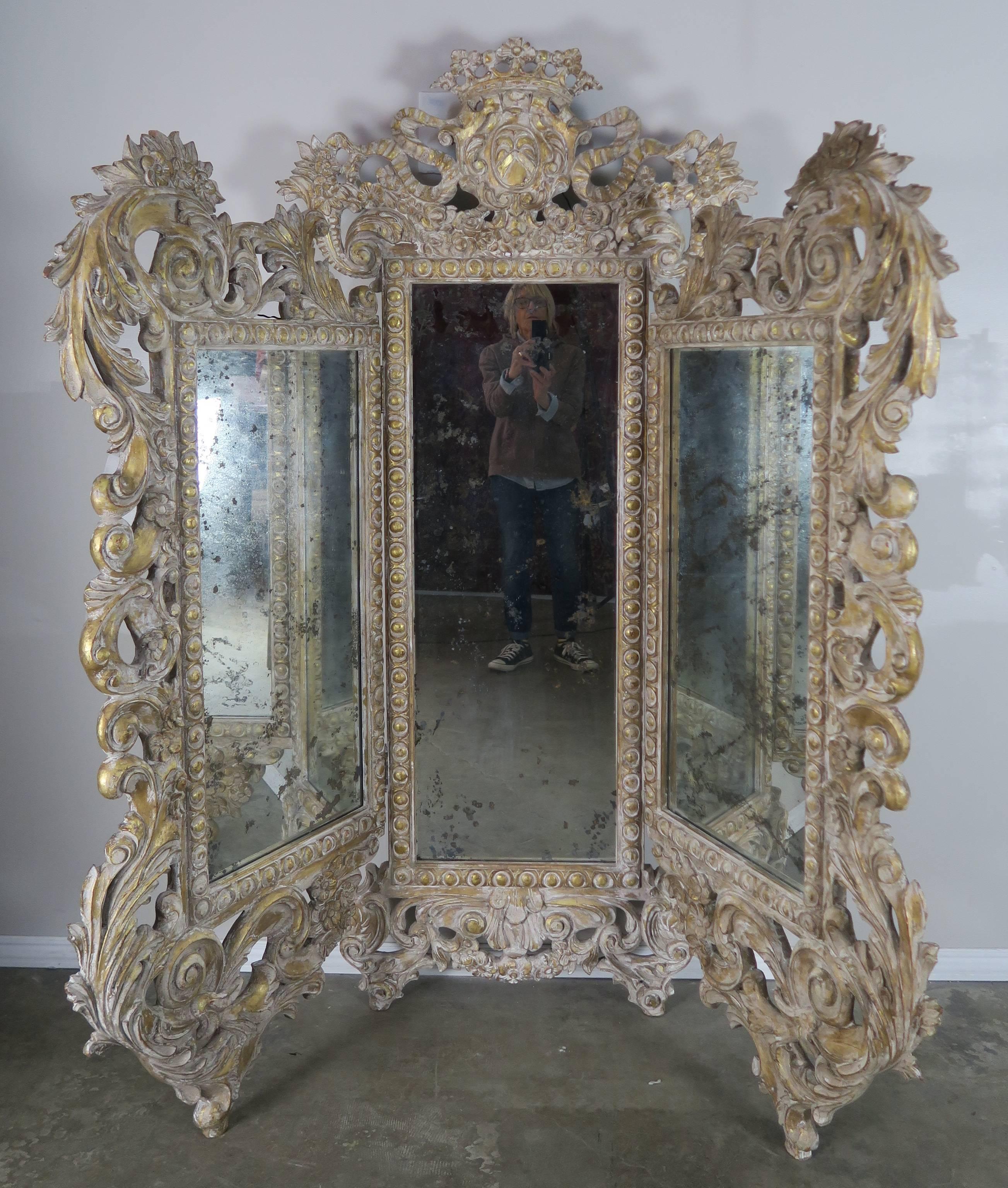 Hand-Painted French Rococo Style Painted and Parcel-Gilt Three-Part Mirror