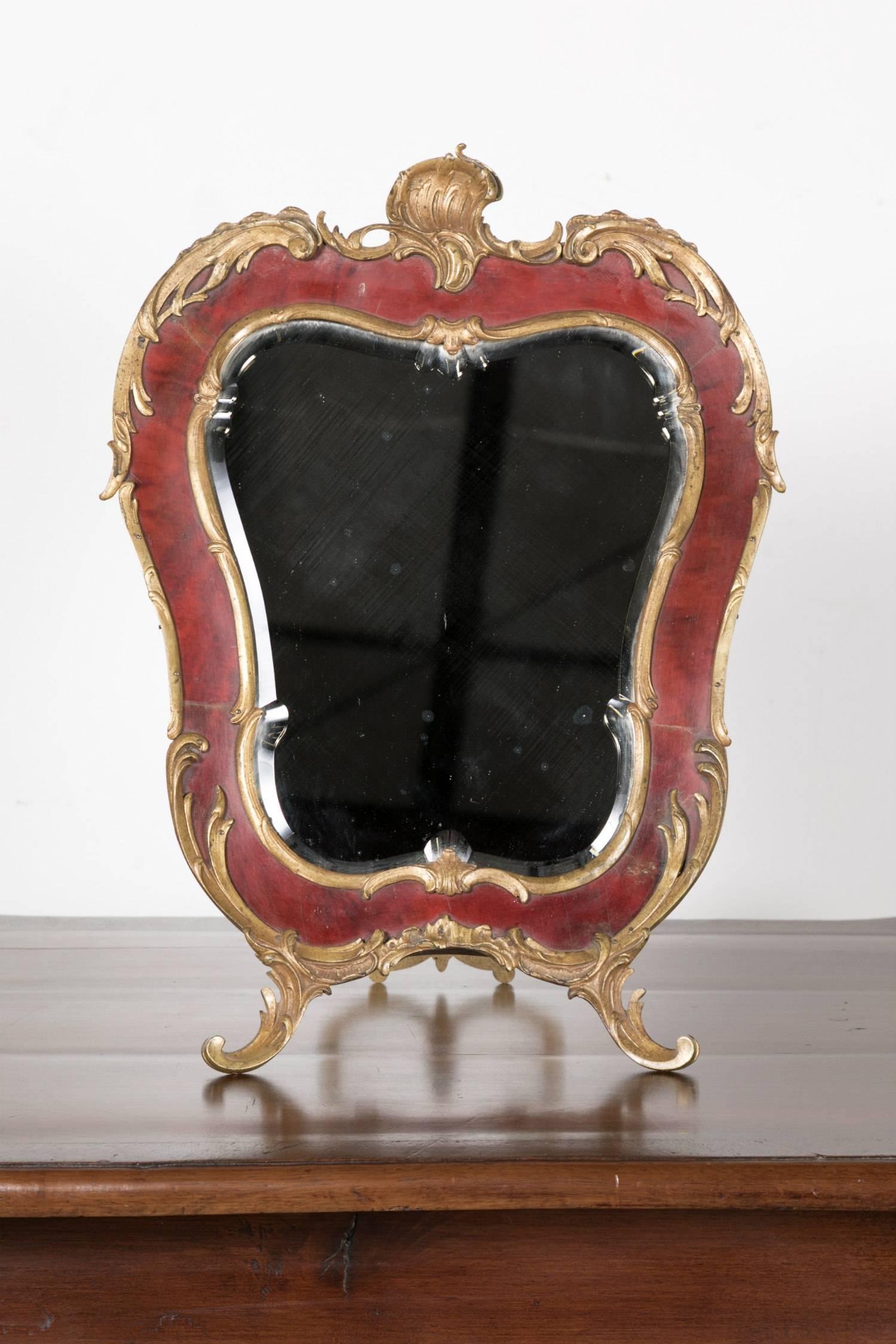 French Rococo Style Red Tortoise Shell and Gilt Bronze Footed Vanity Mirror In Excellent Condition In Birmingham, AL