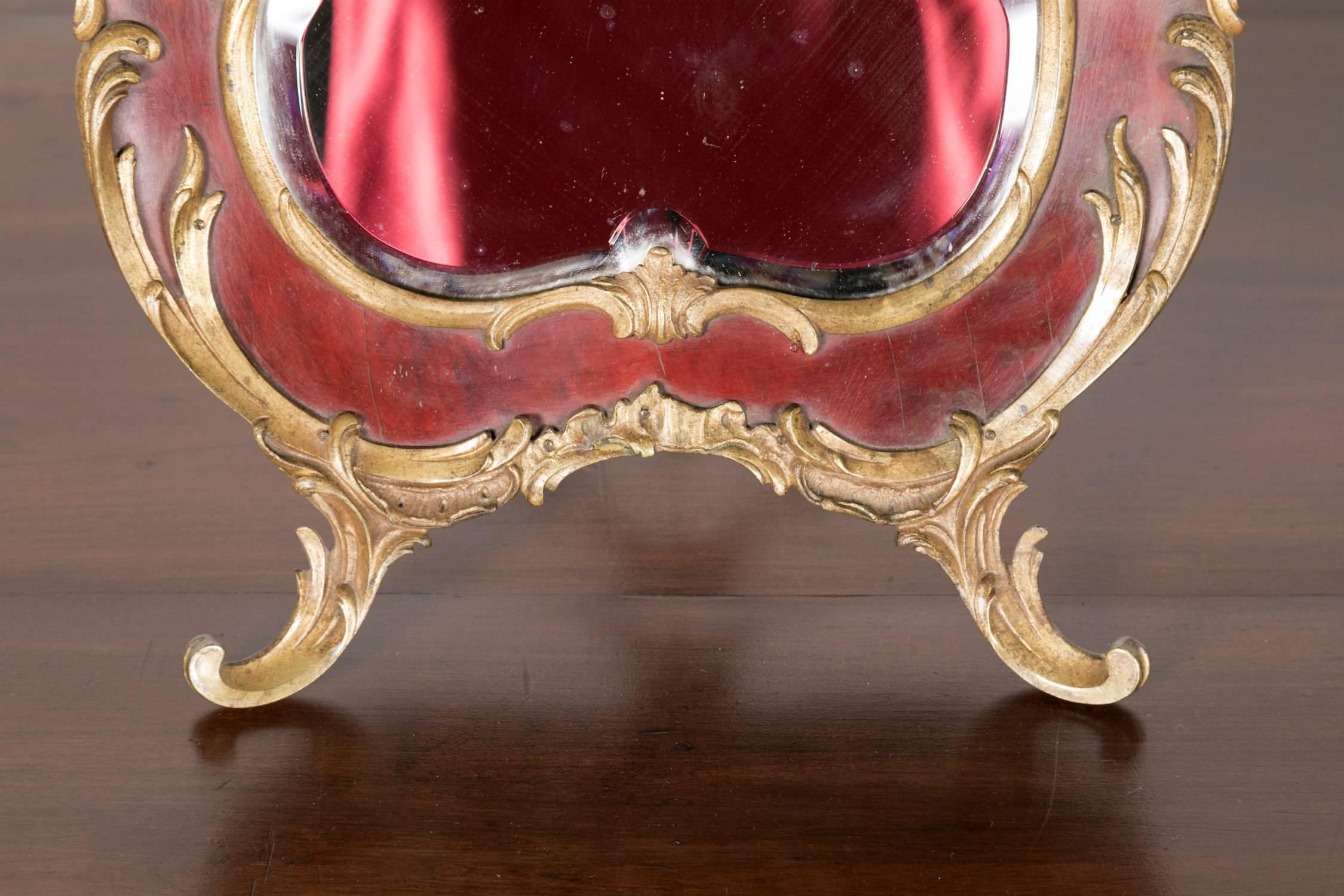 19th Century French Rococo Style Red Tortoise Shell and Gilt Bronze Footed Vanity Mirror