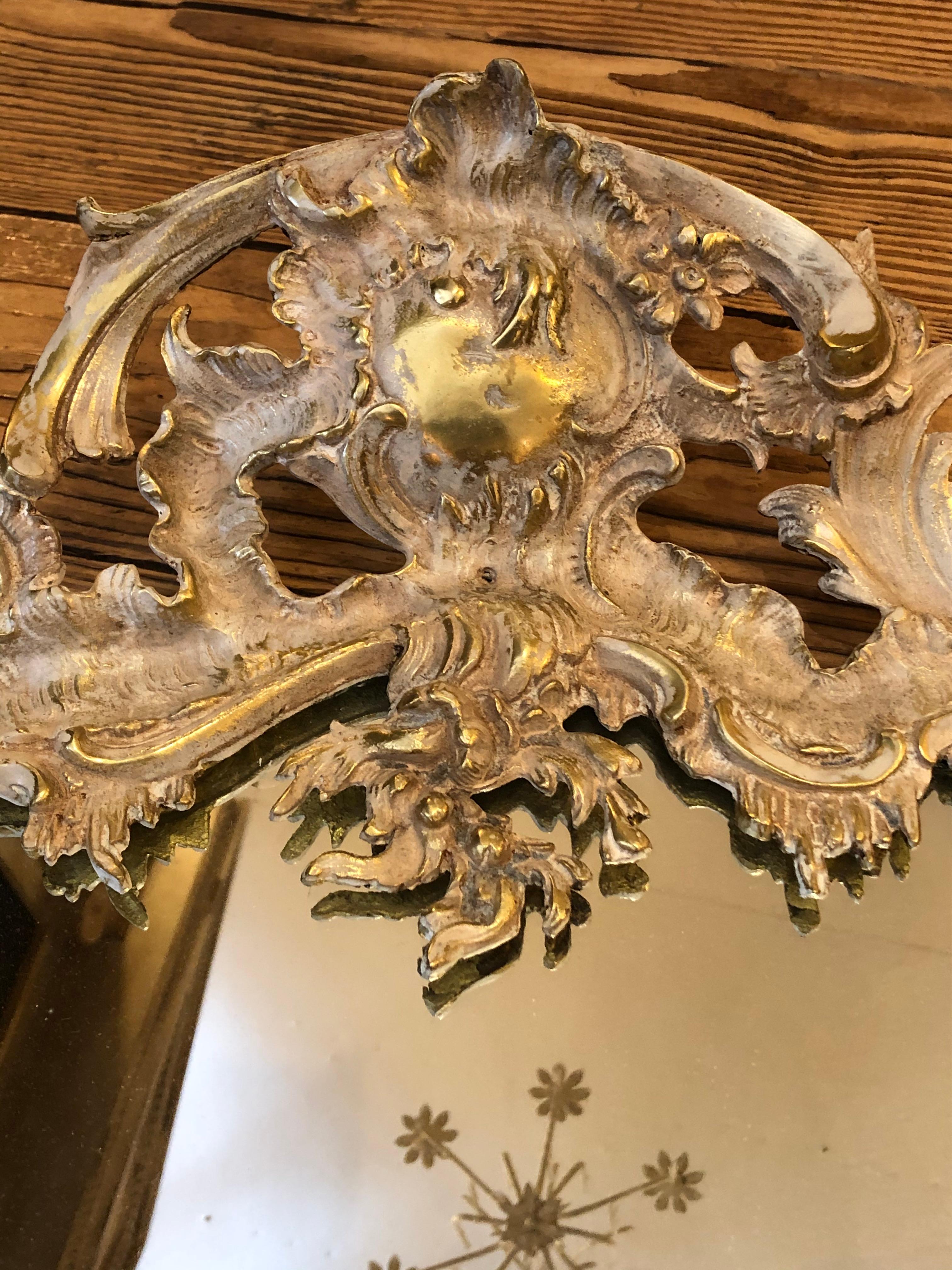 French Rococo Style Relief Cast Brass and Antiqued Cartouche Shaped Wall Mirror 7