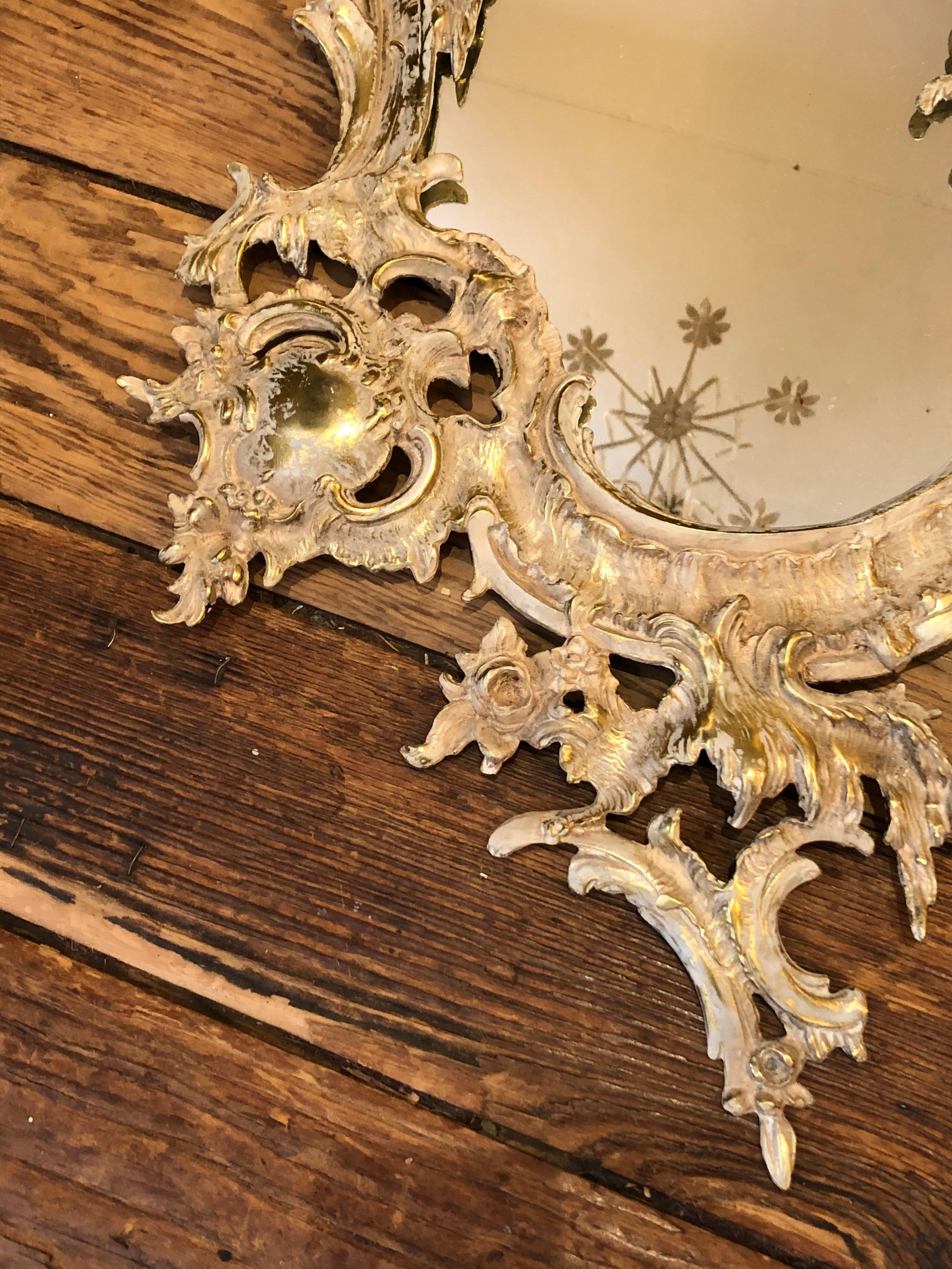 French Rococo Style Relief Cast Brass and Antiqued Cartouche Shaped Wall Mirror 5