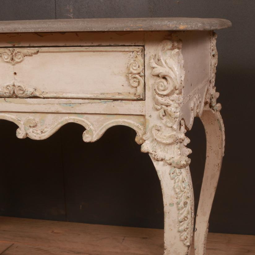 19th century French Rococo style 2-drawer side table with an old paint finish. Awaiting hardware, 1890

Dimensions:
43 inches (109 cms) wide
23 inches (58 cms) deep
28.5 inches (72 cms) high.

 