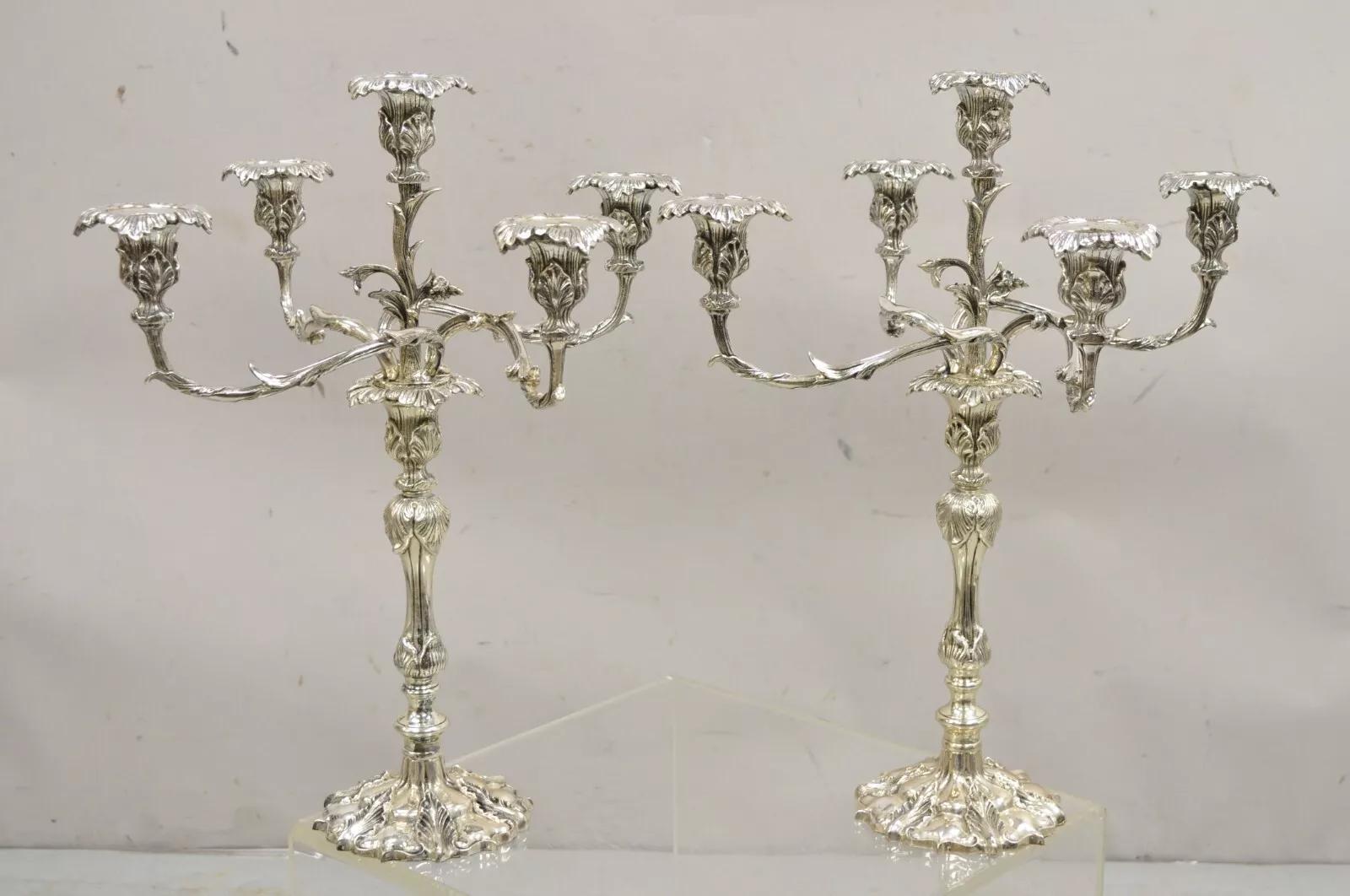 Vintage French Rococo Style Large Silver Gilt Silver Plated Branch 5 Arm Candelabras - a Pair. Circa Early 20th Century. Measurements: 20