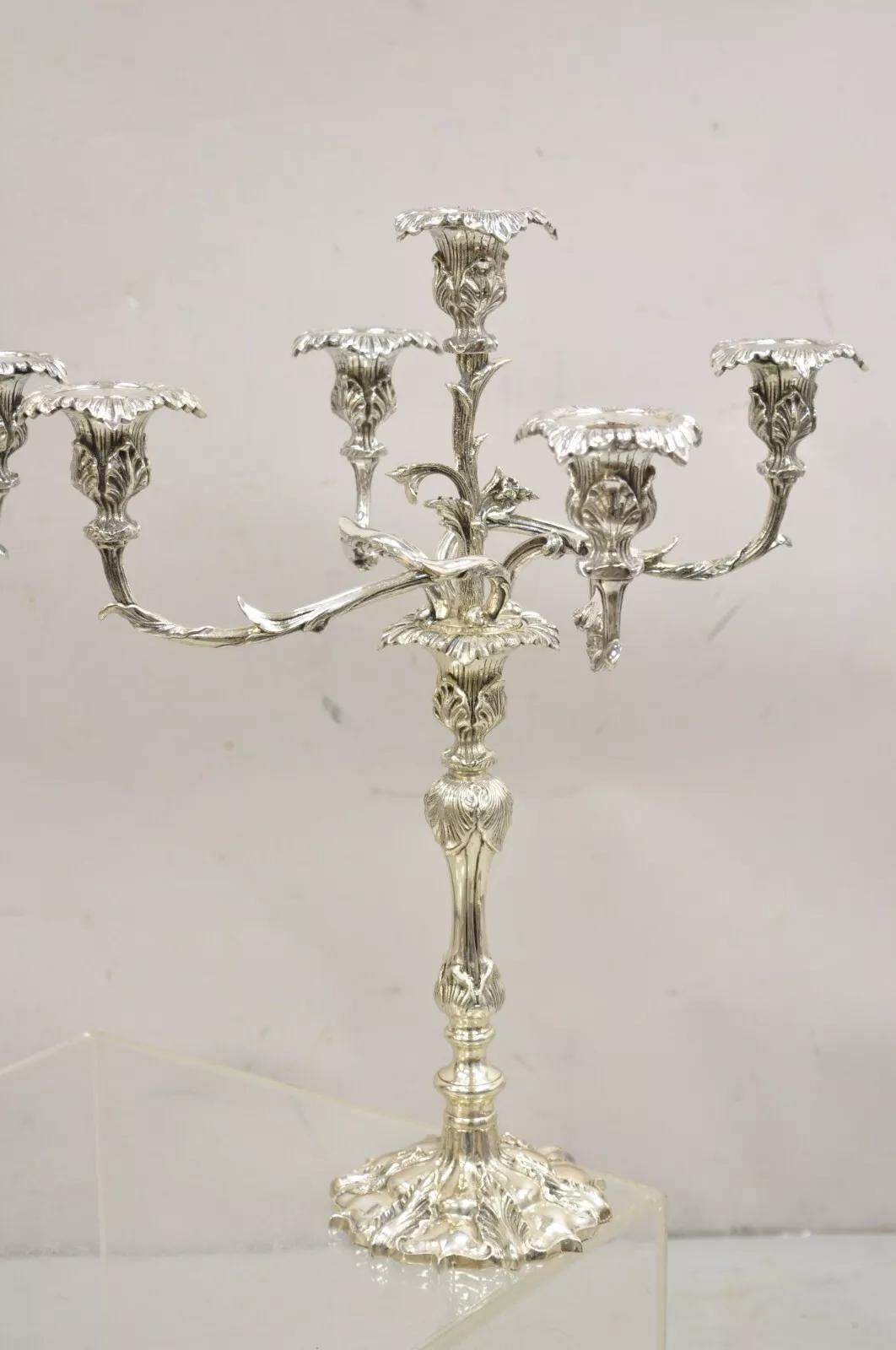 Unknown French Rococo Style Silver Gilt Silver Plated Branch 5 Arm Candelabras - Pair