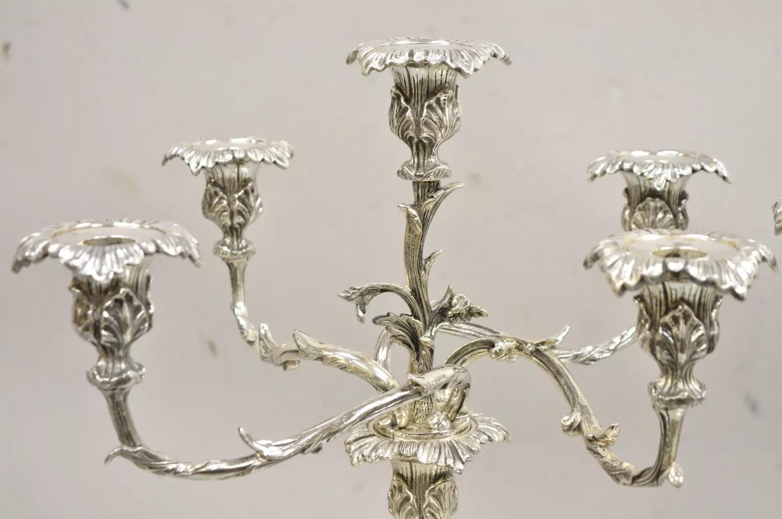 French Rococo Style Silver Gilt Silver Plated Branch 5 Arm Candelabras - Pair In Good Condition In Philadelphia, PA