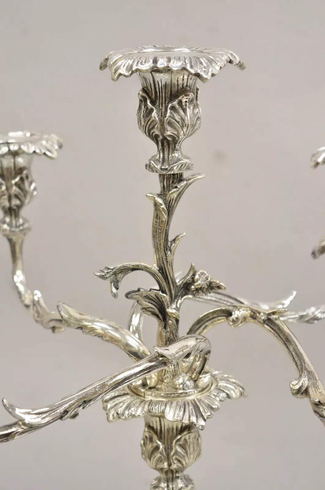 20th Century French Rococo Style Silver Gilt Silver Plated Branch 5 Arm Candelabras - Pair
