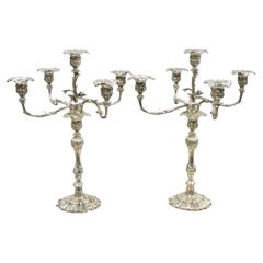 Used French Rococo Style Silver Gilt Silver Plated Branch 5 Arm Candelabras - Pair