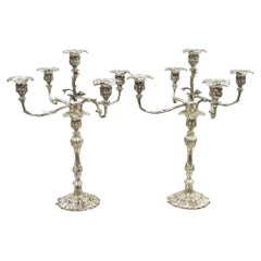 French Rococo Style Silver Gilt Silver Plated Branch 5 Arm Candelabras - Pair