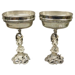Antique French Rococo Style Silver Plated Cherub Dome Centerpiece Fruit Bowls, a Pair