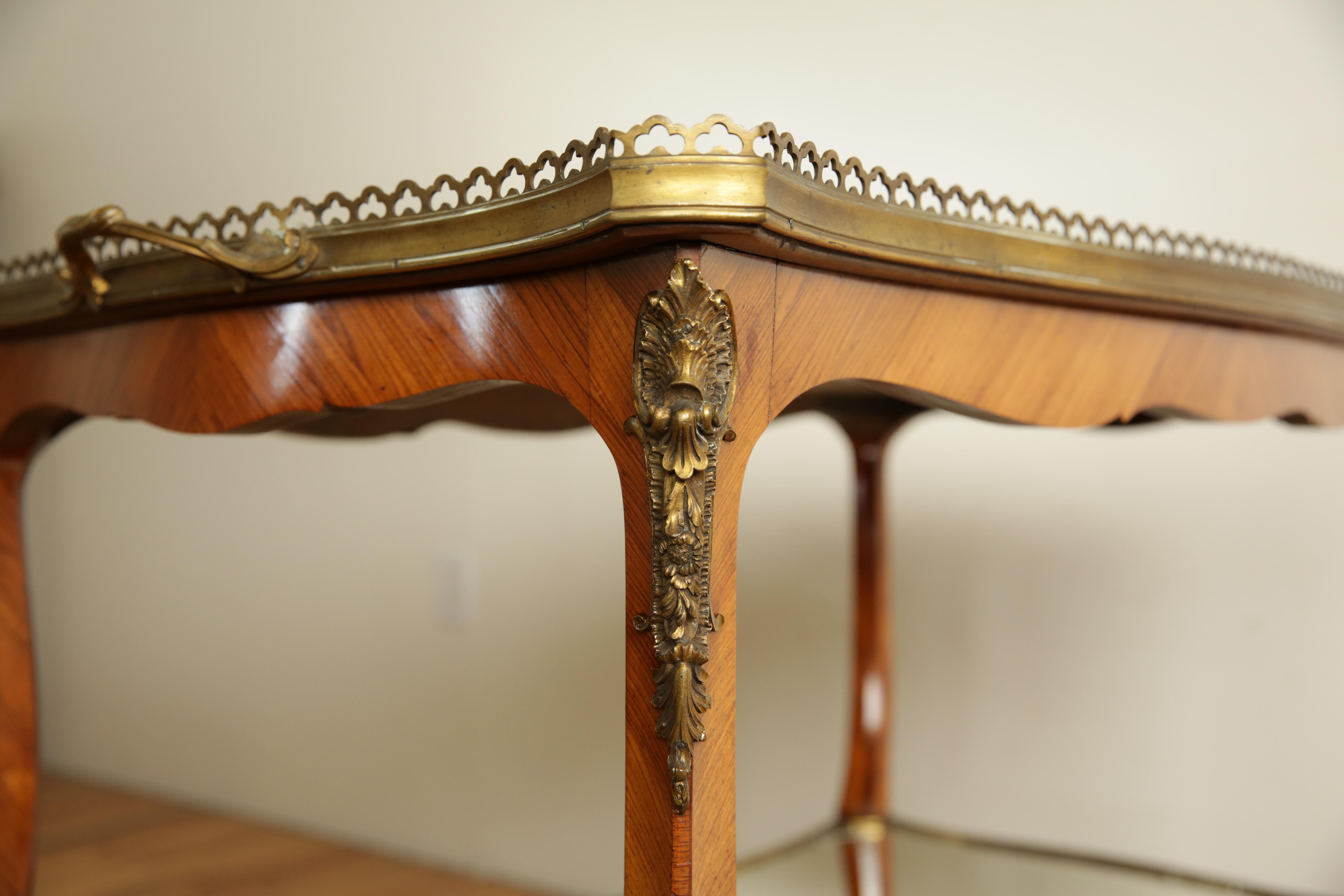 French Rococo Style Walnut Veneer & Brass Mounted 2-Tier Tray Table, 19th cen. 5