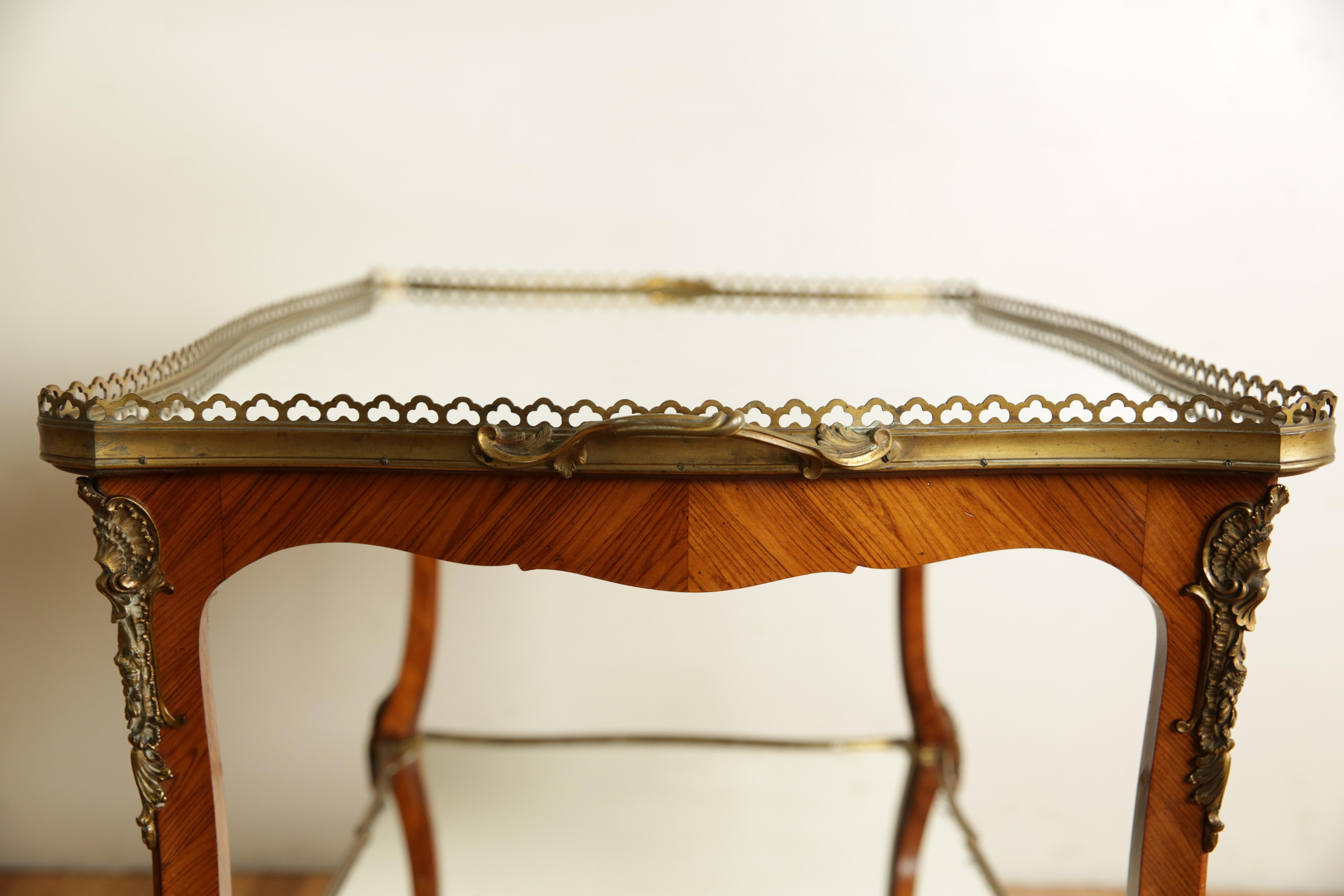 French Rococo Style Walnut Veneer & Brass Mounted 2-Tier Tray Table, 19th cen. 1