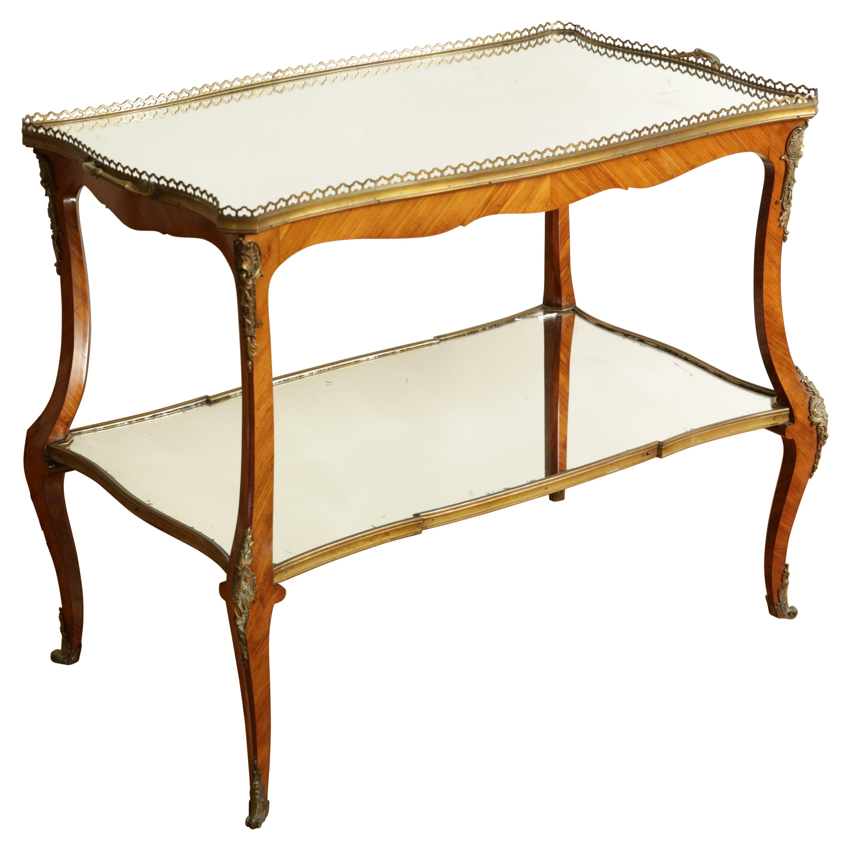 French Rococo Style Walnut Veneer & Brass Mounted 2-Tier Tray Table, 19th cen.